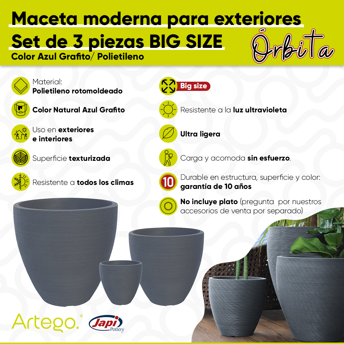 Macetas modernas set de 3 piezas BIG SIZE para exteriores grande ORBITA de Polietileno ultra ligera Artego Japi