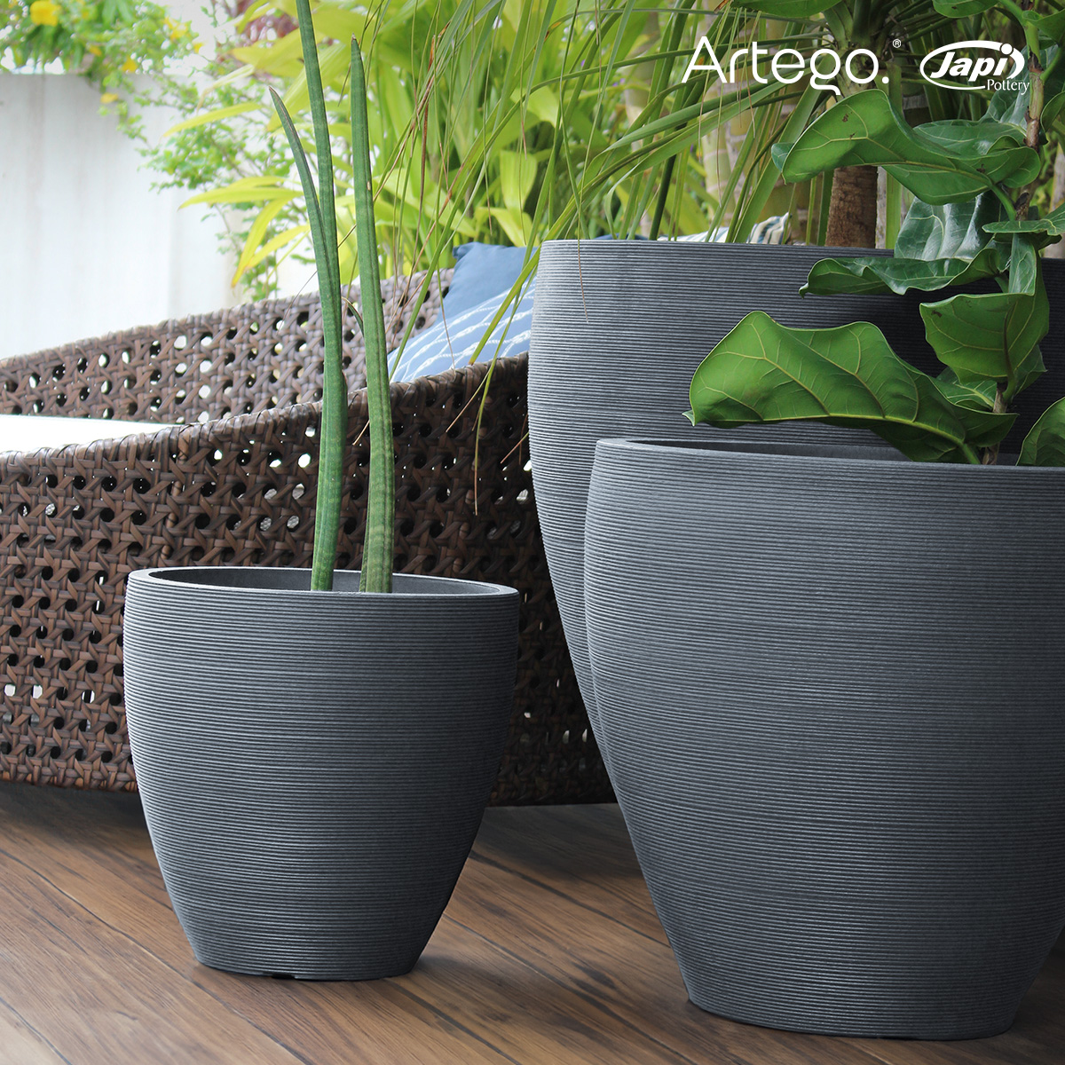 Macetas modernas set de 3 piezas BIG SIZE para exteriores grande ORBITA de Polietileno ultra ligera Artego Japi