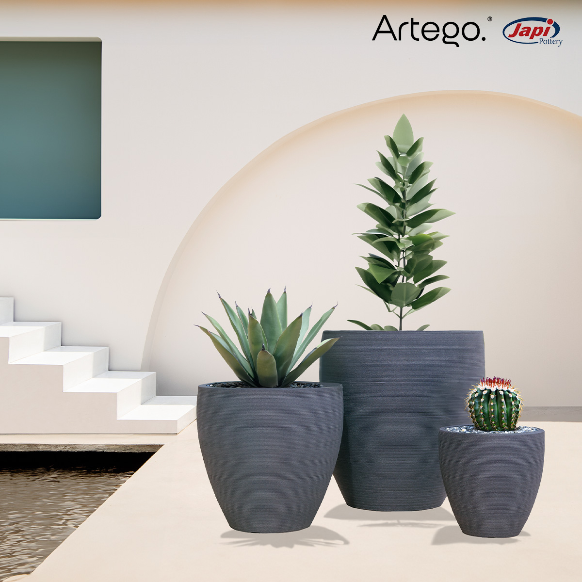 Macetas modernas set de 3 piezas BIG SIZE para exteriores grande ORBITA de Polietileno ultra ligera Artego Japi