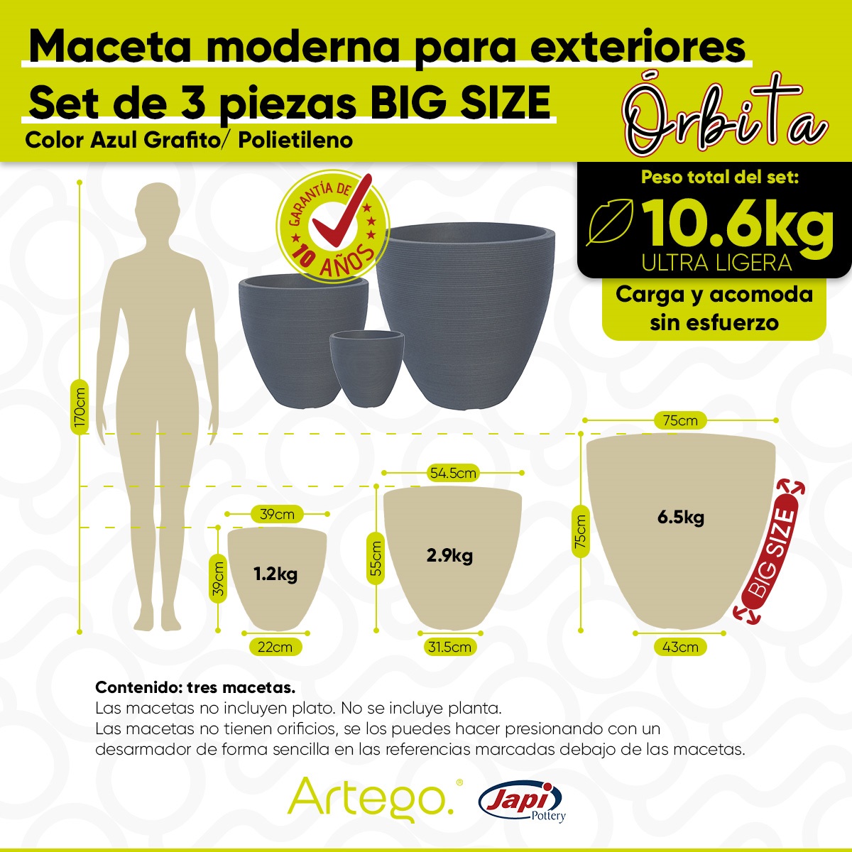 Macetas modernas set de 3 piezas BIG SIZE para exteriores grande ORBITA de Polietileno ultra ligera Artego Japi