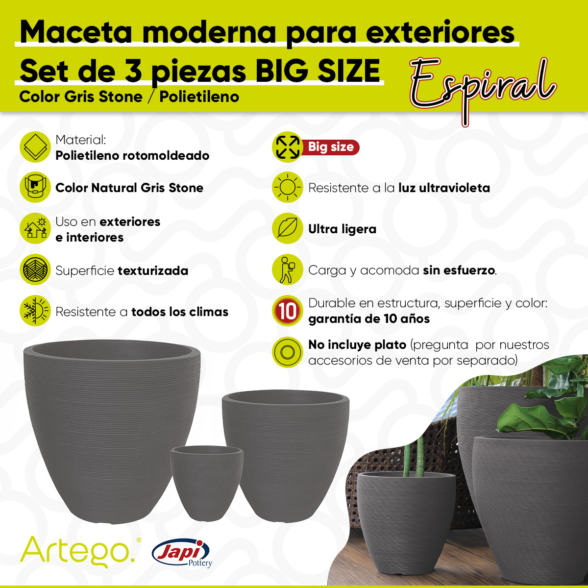 Macetas modernas set de 3 piezas BIG SIZE para exteriores grande ESPIRAL de Polietileno ultra ligera Artego Japi