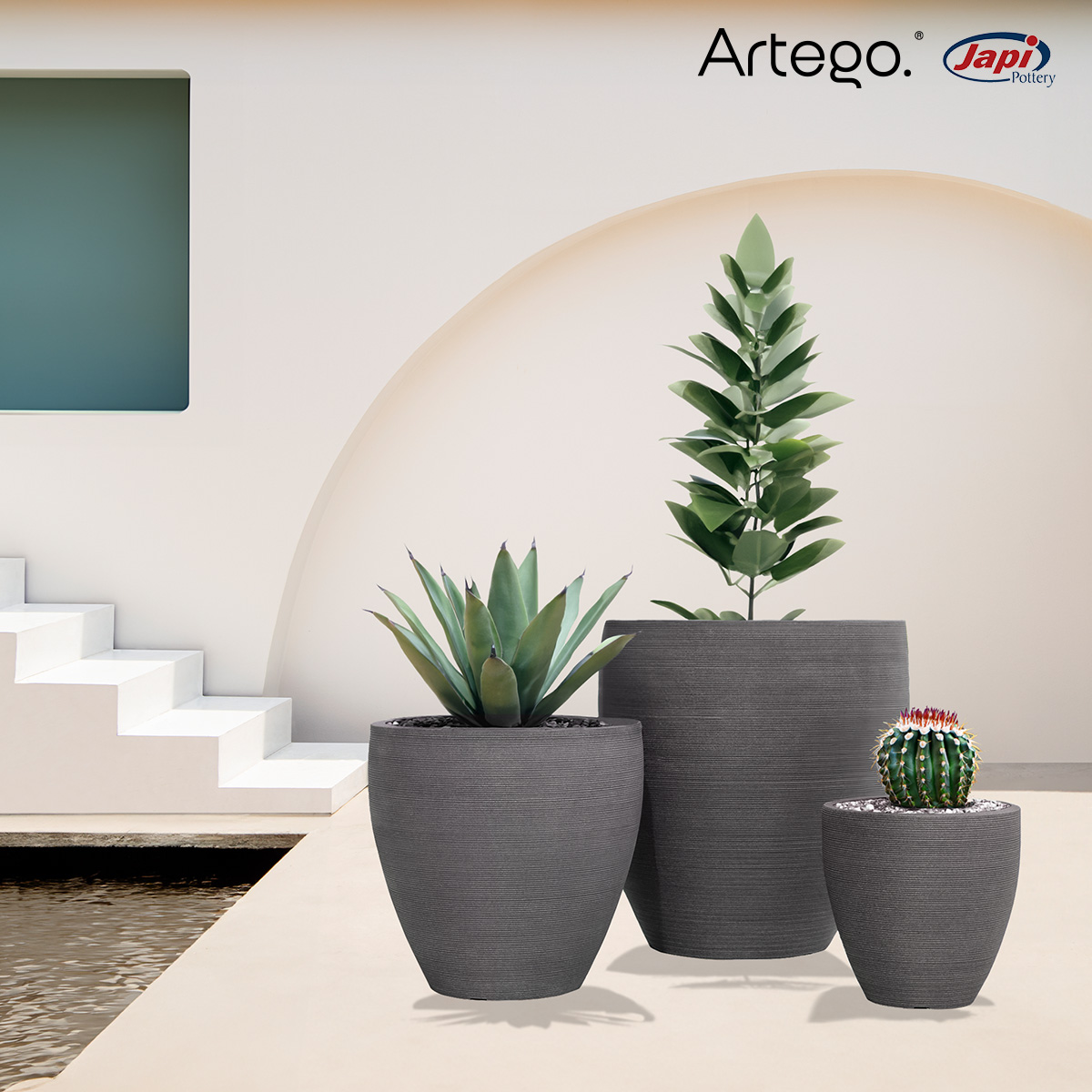 Macetas modernas set de 3 piezas BIG SIZE para exteriores grande ESPIRAL de Polietileno ultra ligera Artego Japi