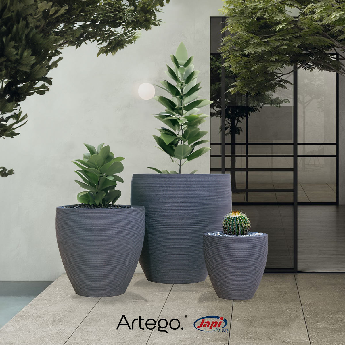 Macetas modernas set de 3 piezas BIG SIZE para exteriores grande ORBITA de Polietileno ultra ligera Artego Japi