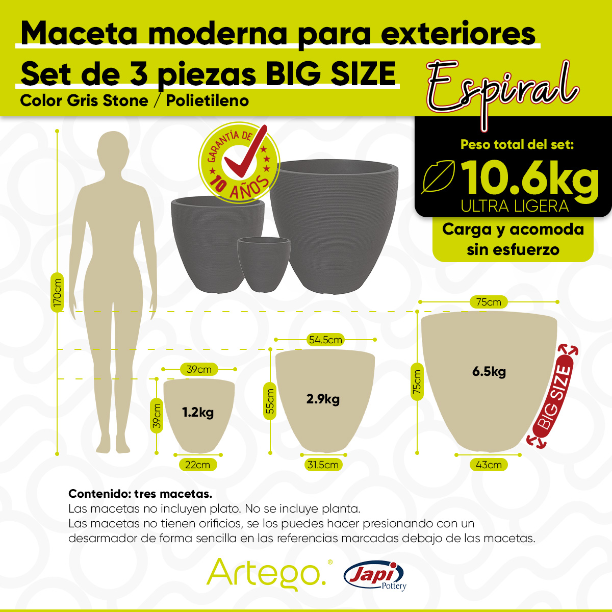 Macetas modernas set de 3 piezas BIG SIZE para exteriores grande ESPIRAL de Polietileno ultra ligera Artego Japi