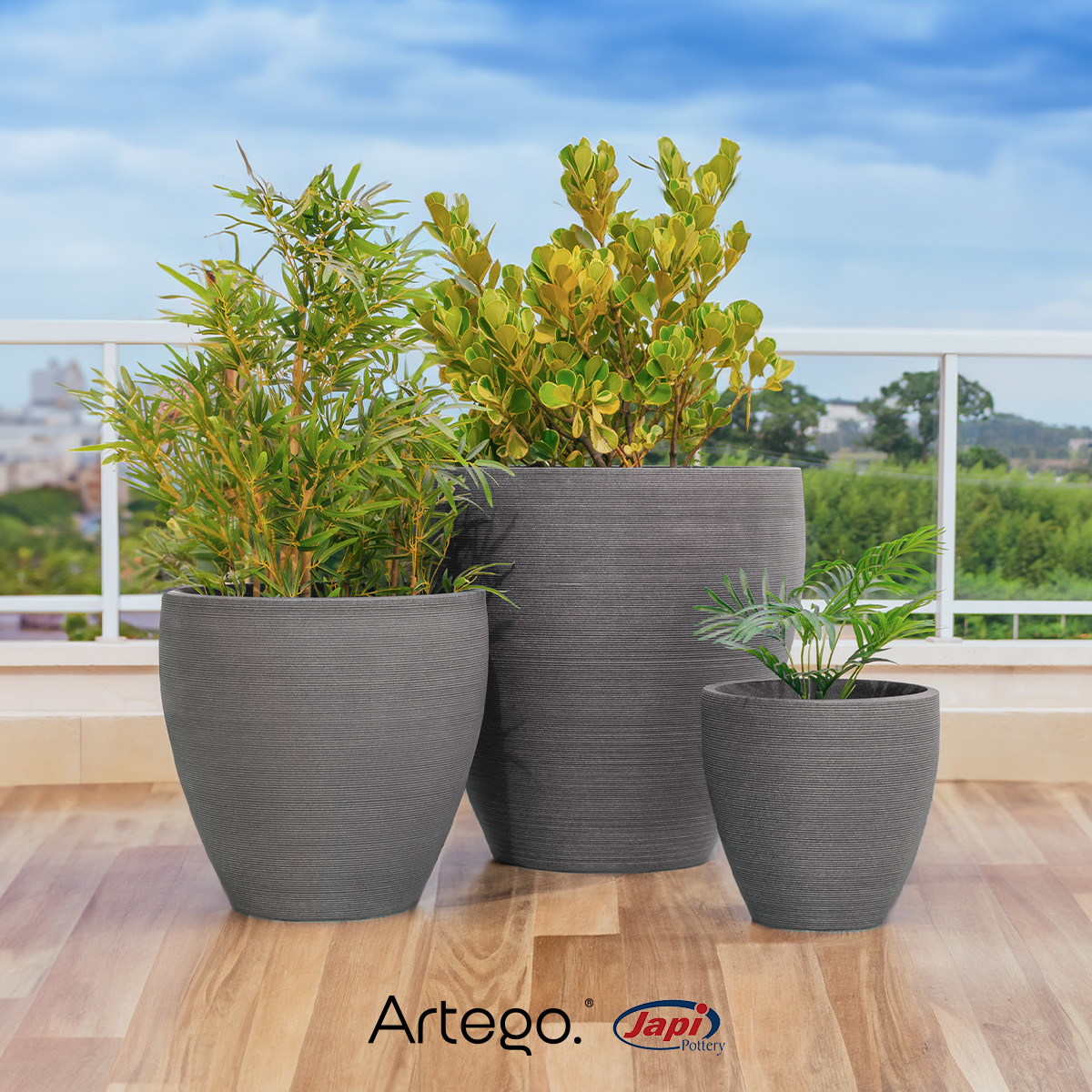 Macetas modernas set de 3 piezas BIG SIZE para exteriores grande ESPIRAL de Polietileno ultra ligera Artego Japi