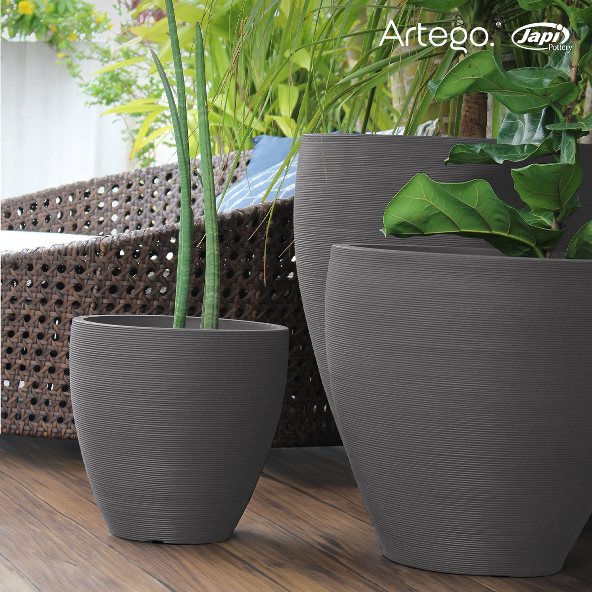 Macetas modernas set de 3 piezas BIG SIZE para exteriores grande ESPIRAL de Polietileno ultra ligera Artego Japi