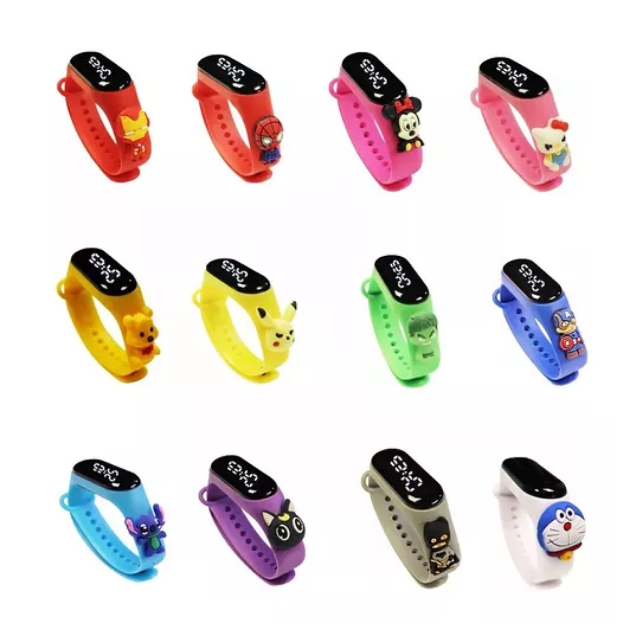 12pcs Reloj Digital Led Colores Niños Mayoreo Dibujos Color De La Correa Combinación De Colores Color Del Bisel Negro