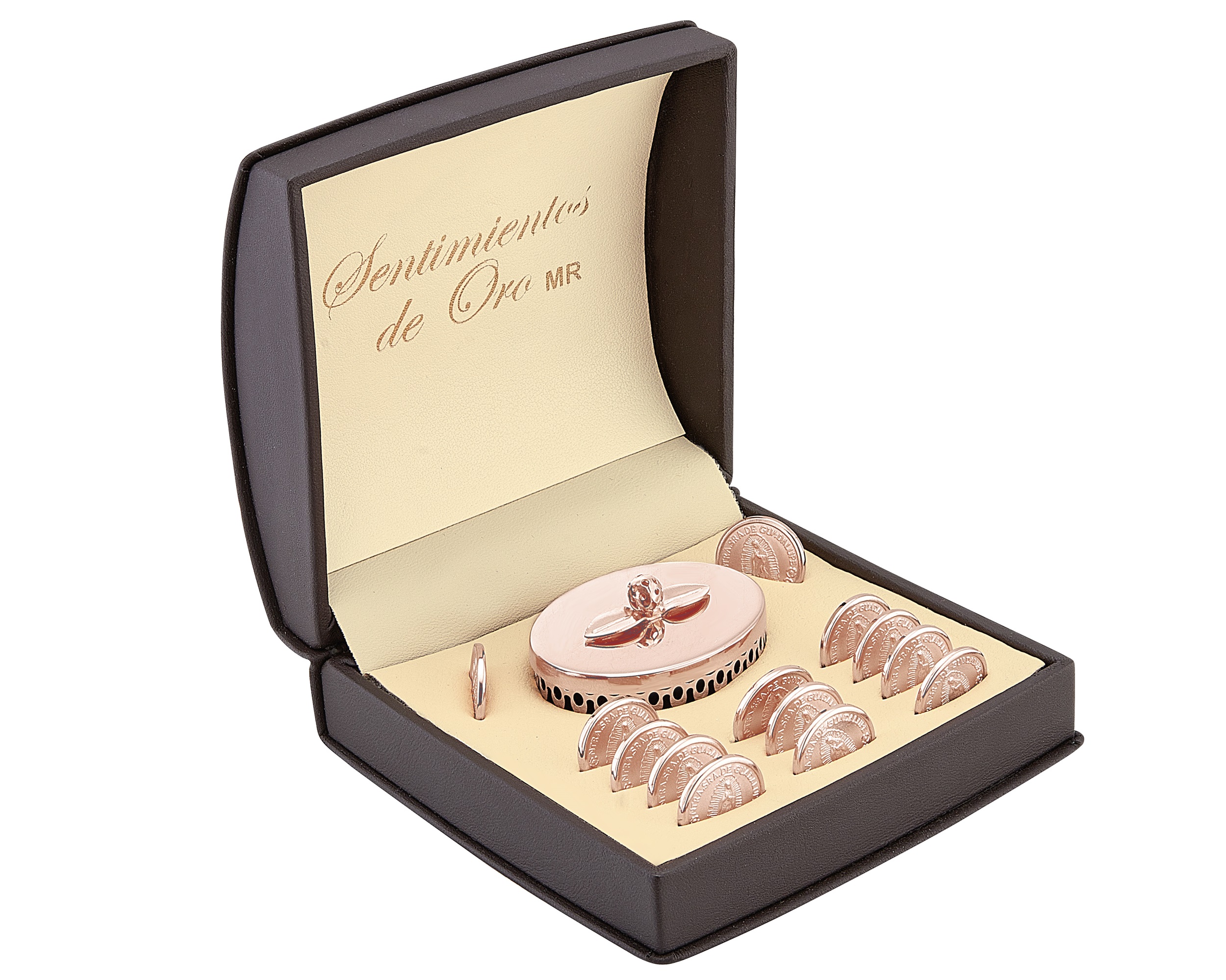 Arras Chapa de Oro Rosa 18K Horoz Vírgen Guadalupe con cofre S409.