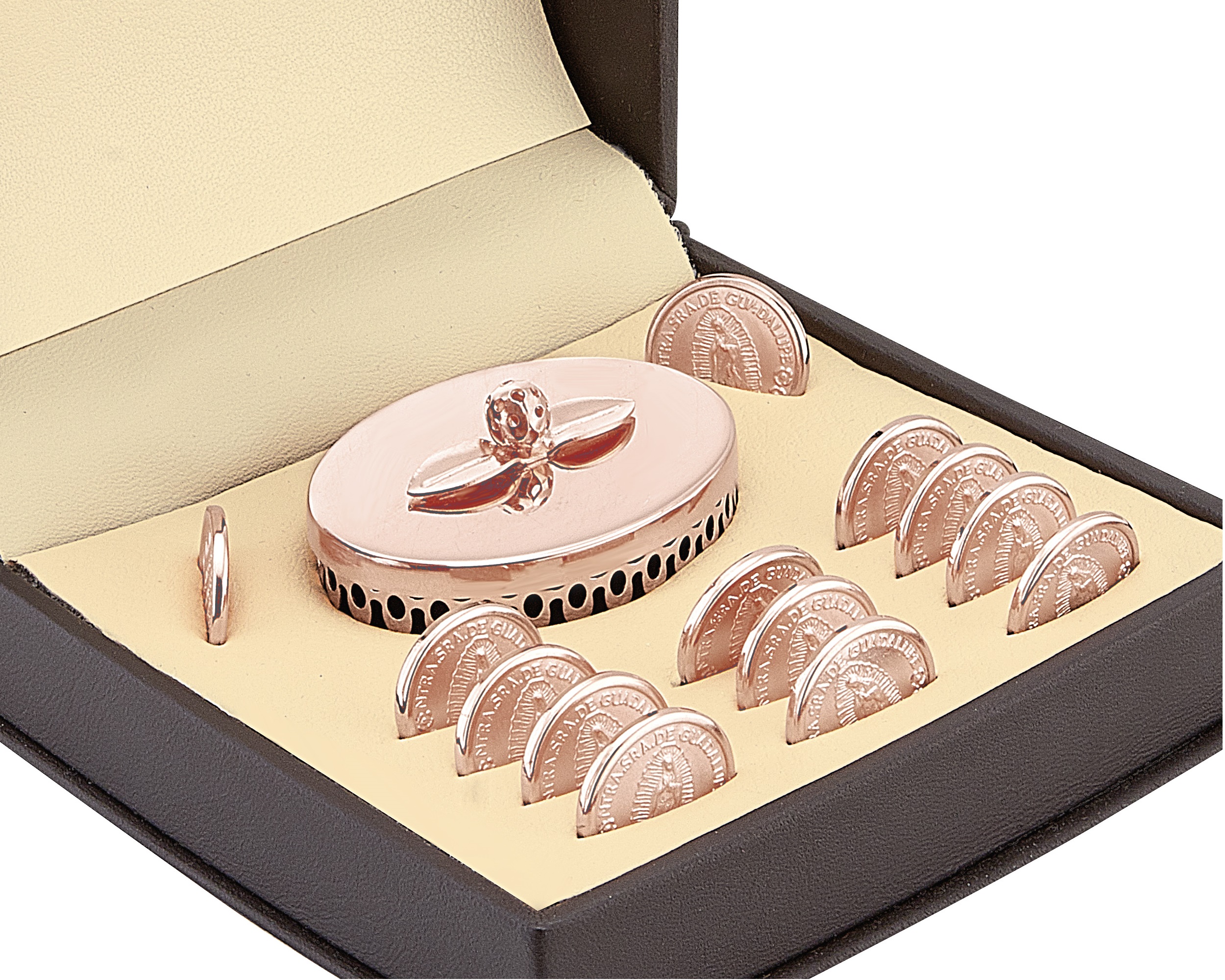 Arras Chapa de Oro Rosa 18K Horoz Vírgen Guadalupe con cofre S409.