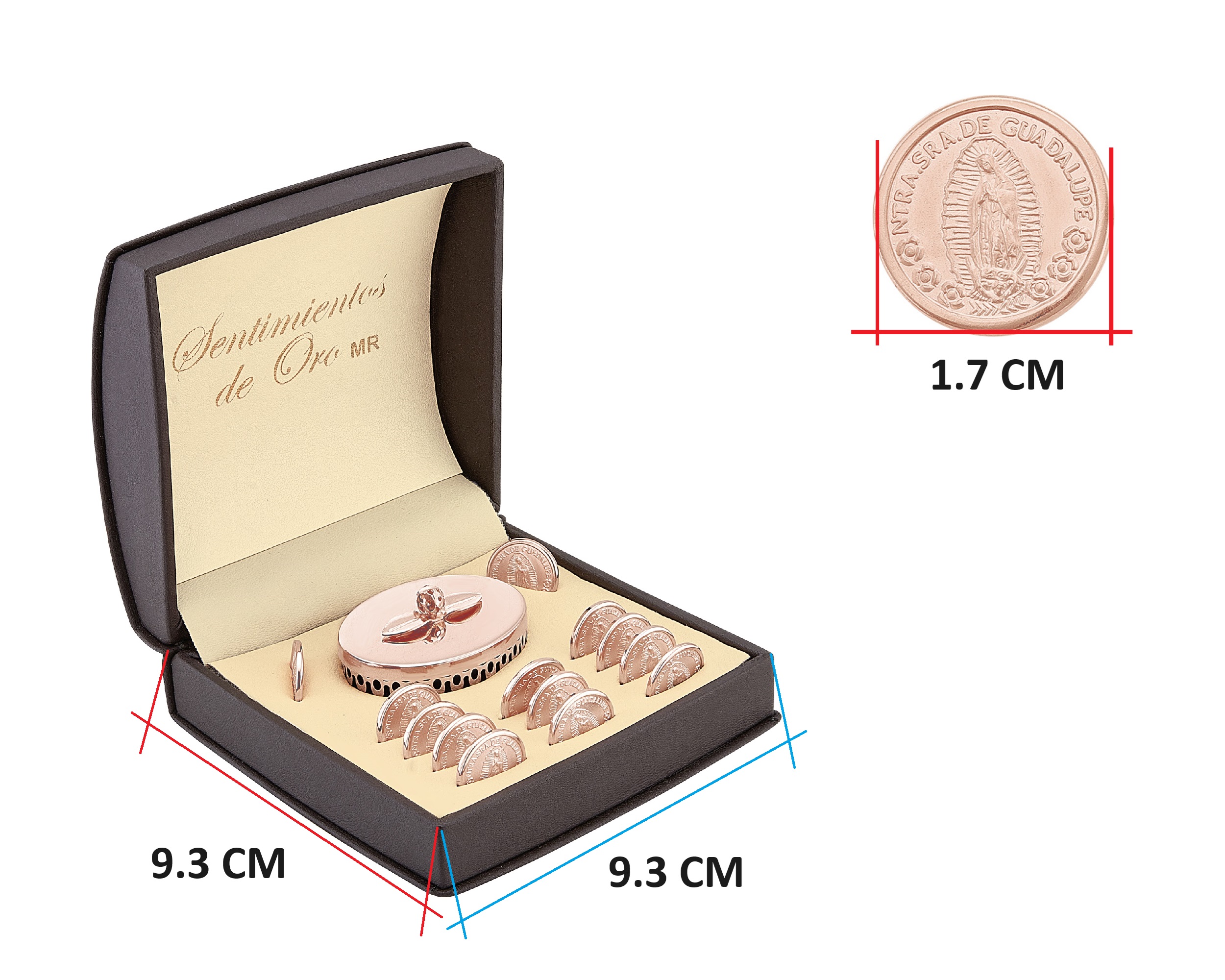 Arras Chapa de Oro Rosa 18K Horoz Vírgen Guadalupe con cofre S409.