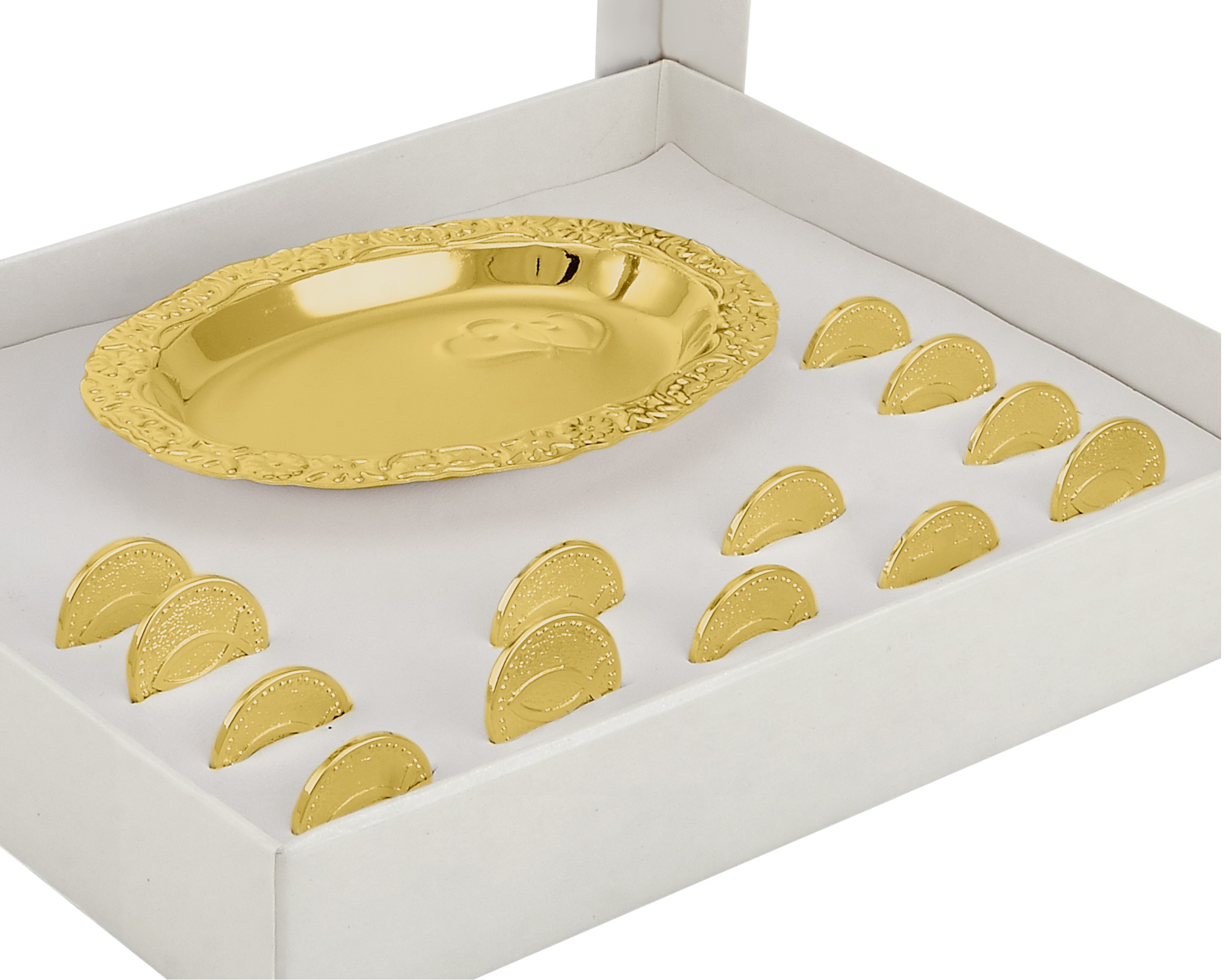 Arras Chapa de Oro 18K Matrimonio Pez y Cruz con Charola S411.