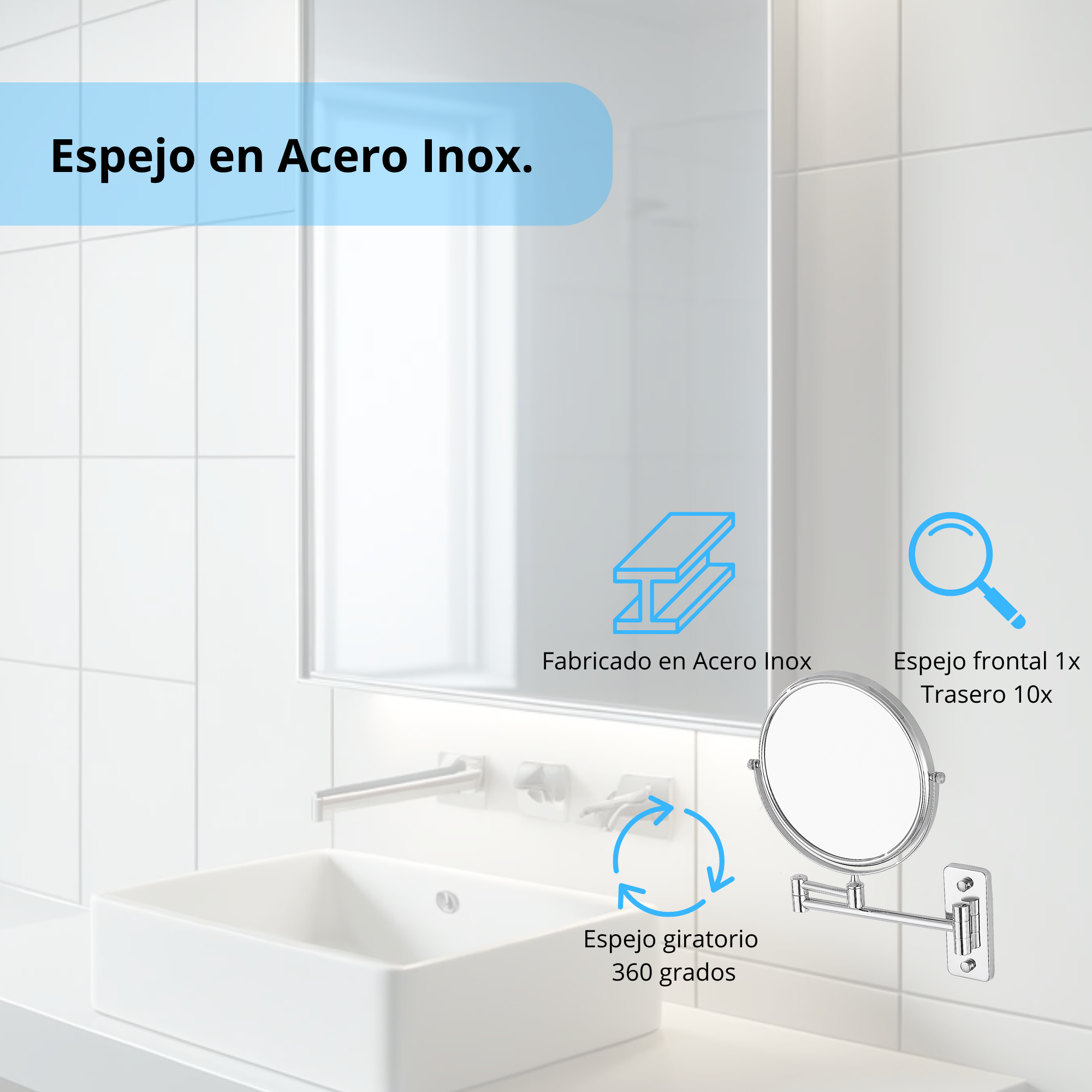 CNX Meer FAUCETS by Espejo de Acero Inoxidable DE 6 Pulgadas con Brazo Movible y Extensible, Espejo para baño Pared(Espejo Redondo para Pared), con Acabado Cromado.