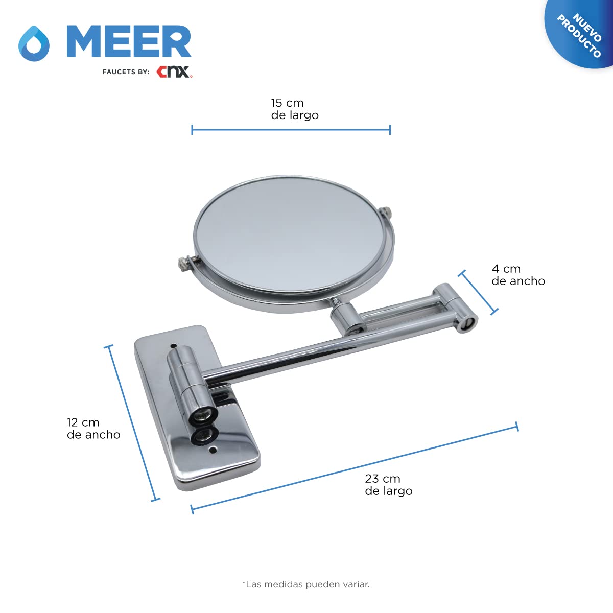 CNX Meer FAUCETS by Espejo de Acero Inoxidable DE 6 Pulgadas con Brazo Movible y Extensible, Espejo para baño Pared(Espejo Redondo para Pared), con Acabado Cromado.