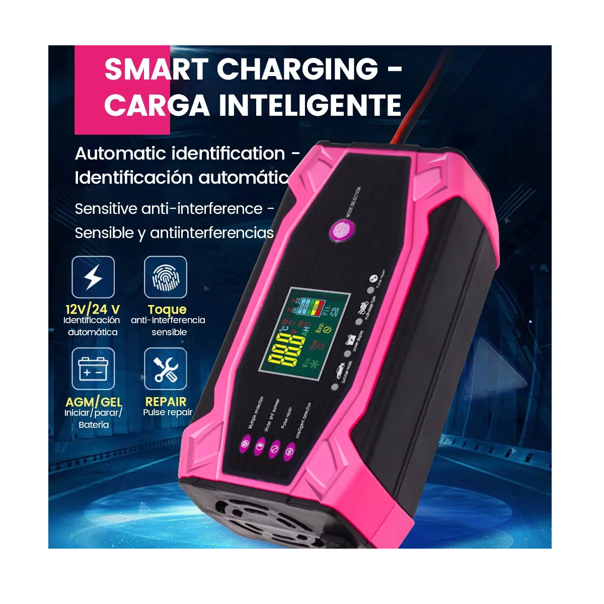 Cargador De Batería Inteligente 12v 24v 10a Para Auto Y Moto Rosa