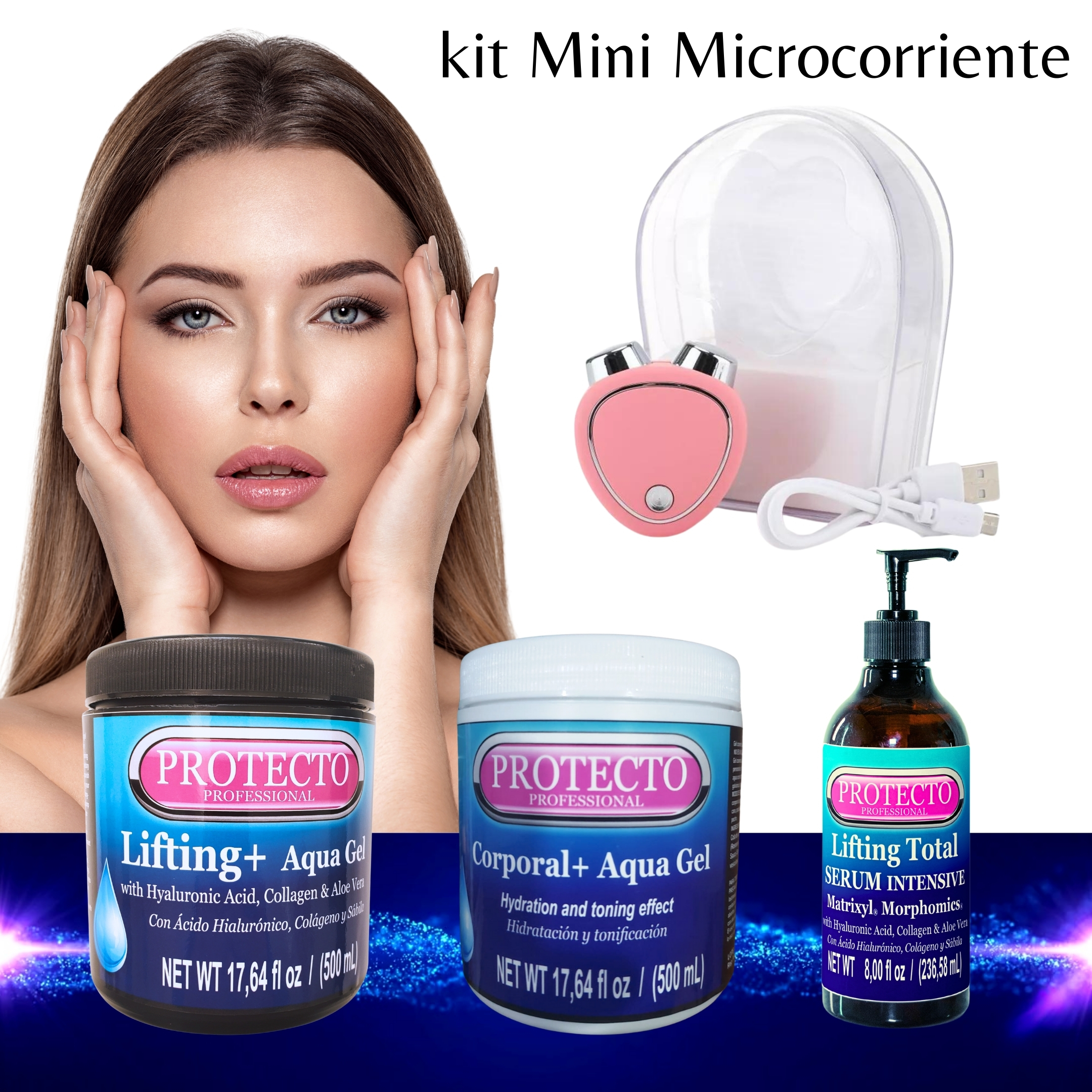 Kit Mini Microcorriente Facial Y Corporal con gel facial, corporal y suero intensive protecto professional