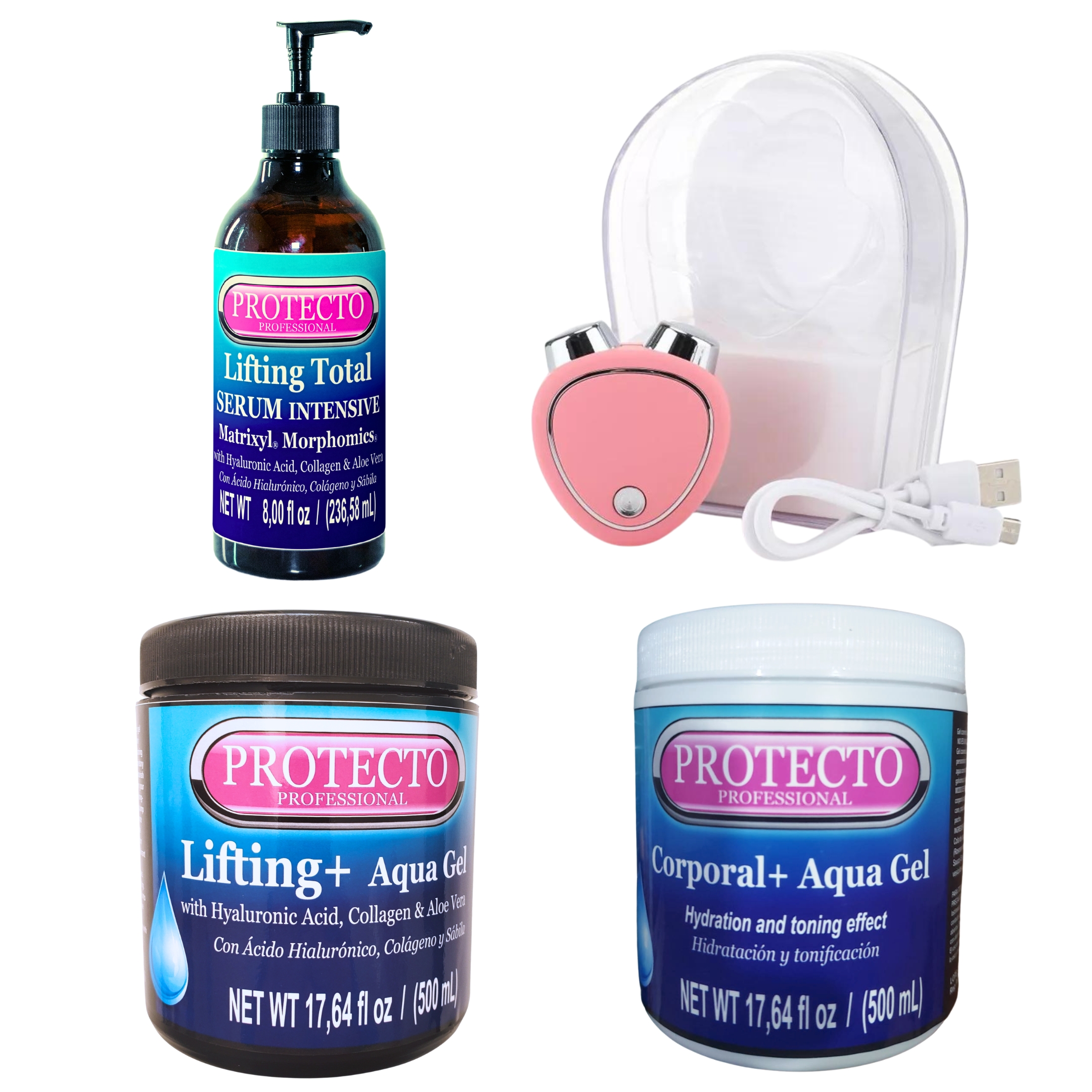 Kit Mini Microcorriente Facial Y Corporal con gel facial, corporal y suero intensive protecto professional