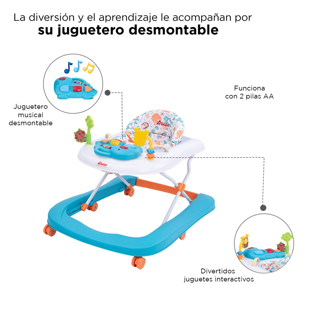 Andadera Caminadora D Bebe Jungle 2 En 1 Sonidos Luz Juguetes Azul con Blanco