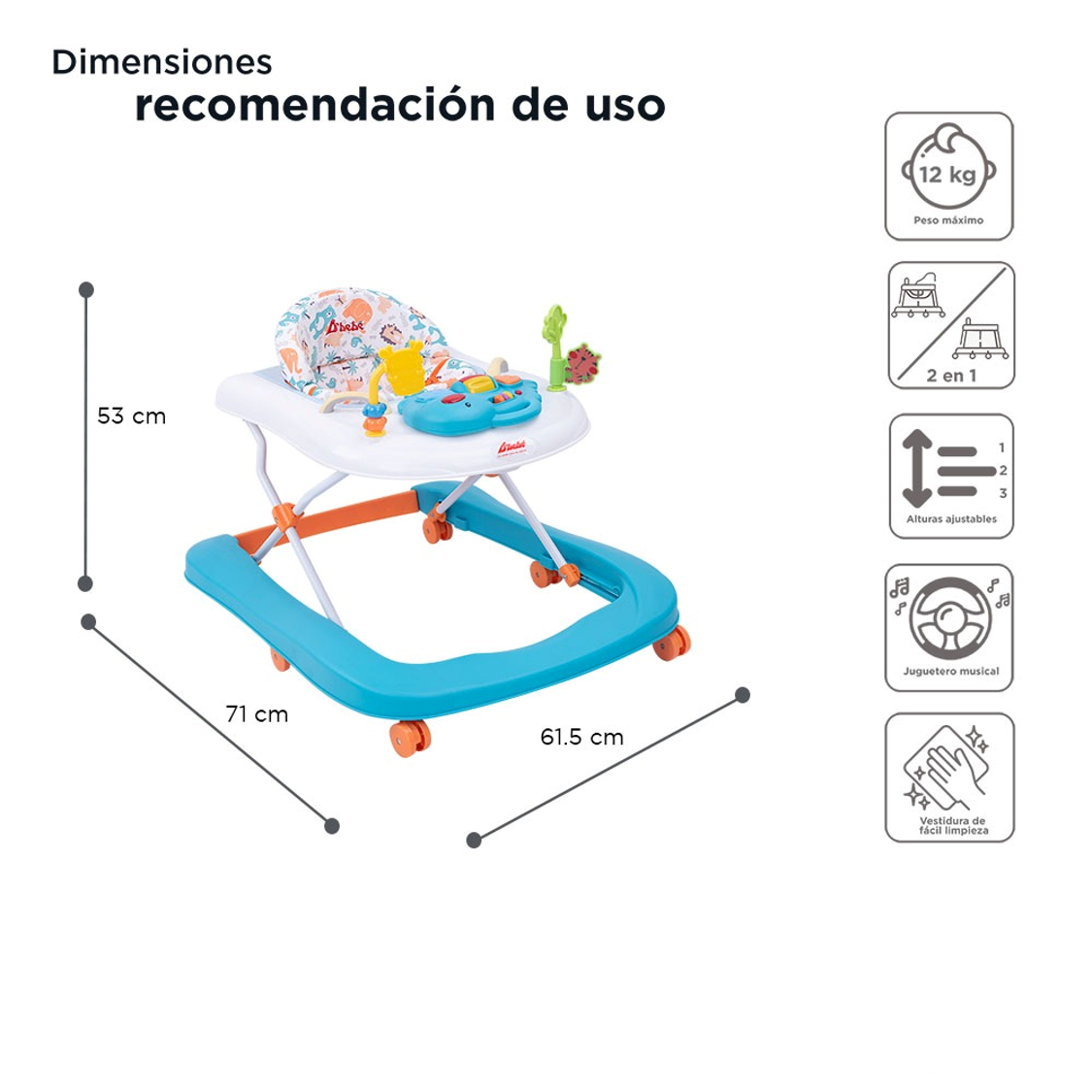 Andadera Caminadora D Bebe Jungle 2 En 1 Sonidos Luz Juguetes Azul con Blanco