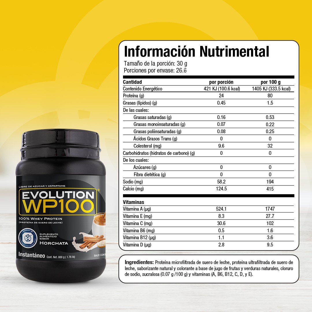 EVOLUTION. Proteína de Suero de Leche, WP100, Whey Protein, 800 Gramos (Sabor Horchata)