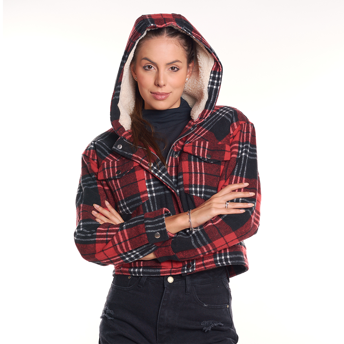 Chamarra cropped Mujer a cuadros tipo torera .