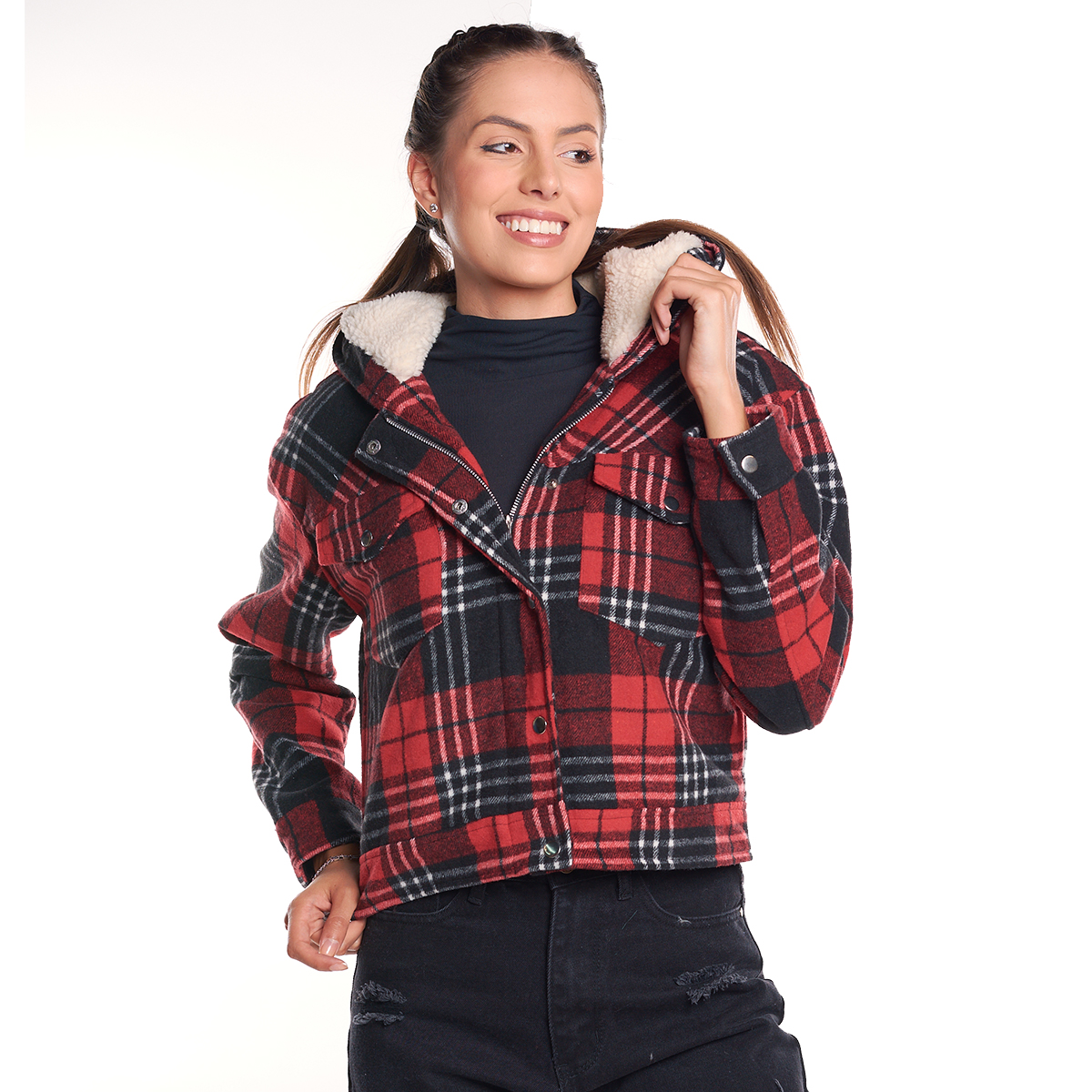 Chamarra cropped Mujer a cuadros tipo torera .