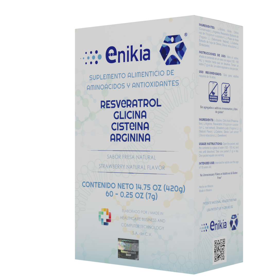 Resveratrol, Glicina, Cisteína, Arginina con nanotecnología aplicada, Sabor Fresa. 60 Sobres.- ENIKIA 