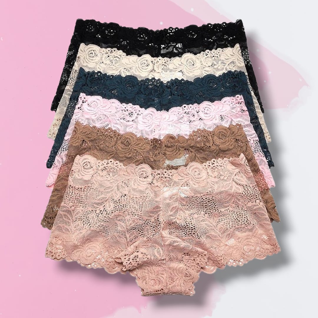 Set 6 calzones cacheteros con encaje para mujer, talla mediana, color/modelo aleatorio.