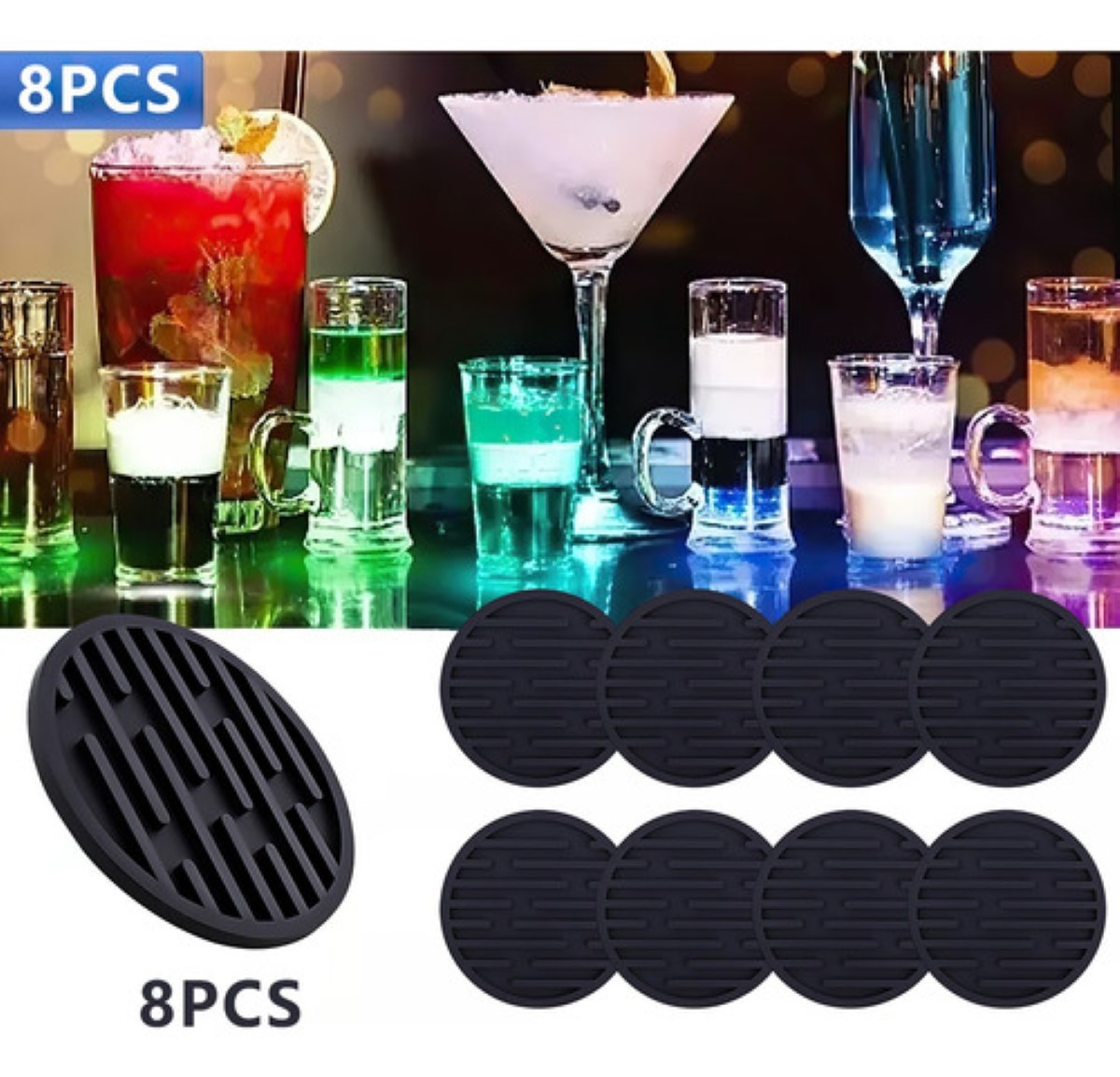 "8 Portavasos Para Mesa De Silicona Posavasos Negros Grandes "