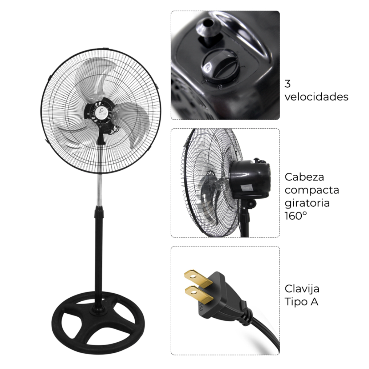 Ventilador de pie con 3 velocidades silencioso y giratorio 18" de diámetro