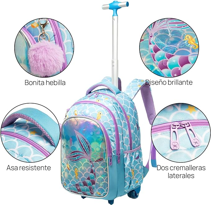 A Mochilas con ruedas para ninas 3 Piezas mochila carro nina Mochila Sirena para Ninas Mochila