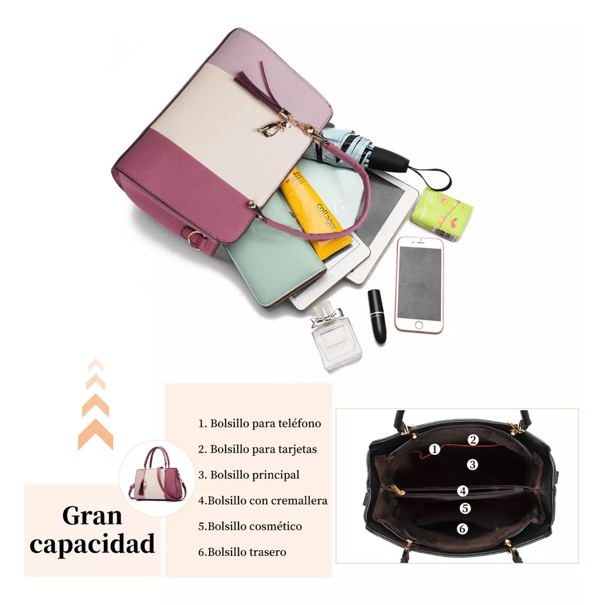 Bolsa Mujer Dama Moda Rosa Oscuro Gato