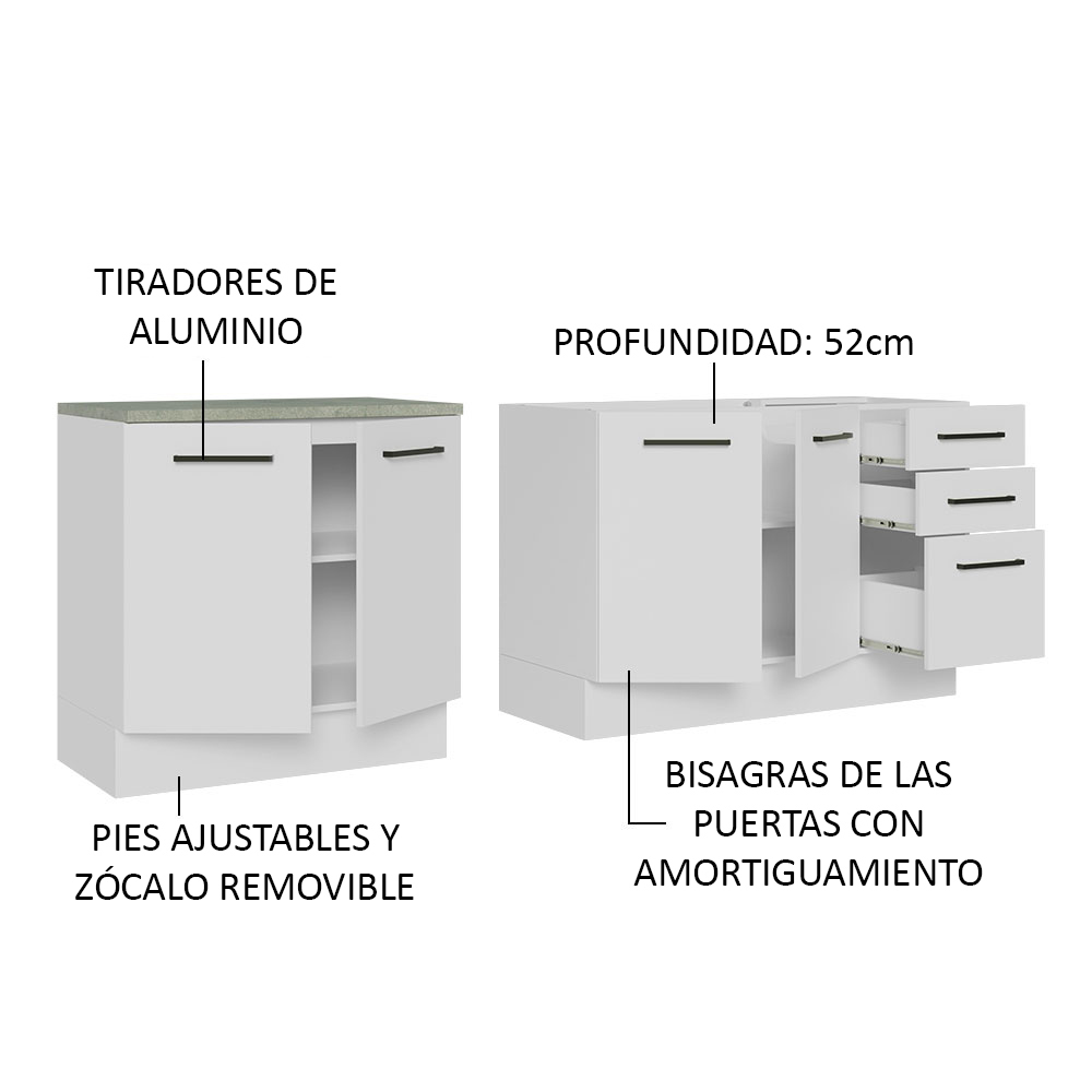 Mueble de Cocina 200cm Con Tarja Agata Blanco.
