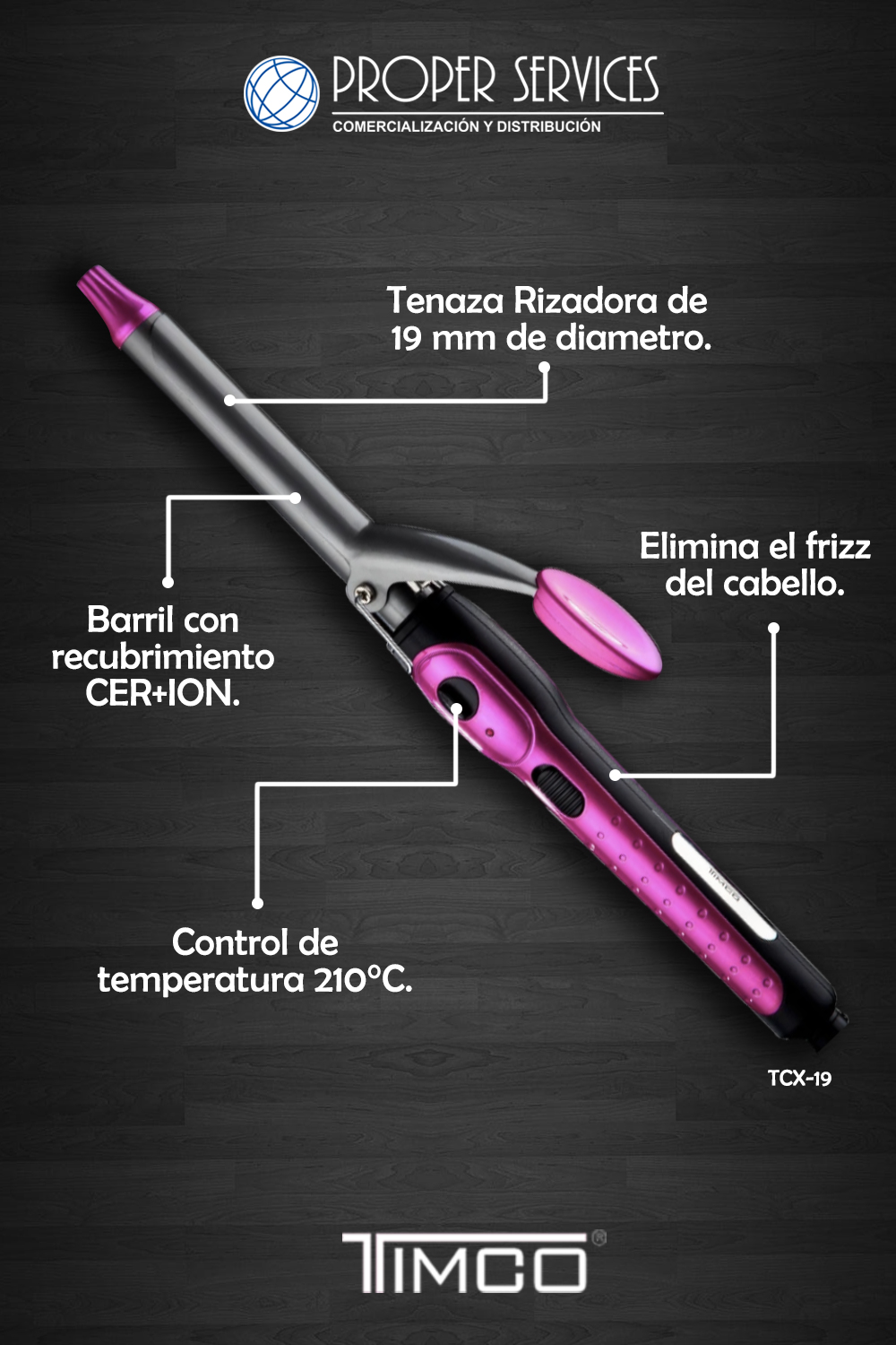 TENAZA RIZADORA 19MM TITANIUM NEGRO ROSA TIMCO.