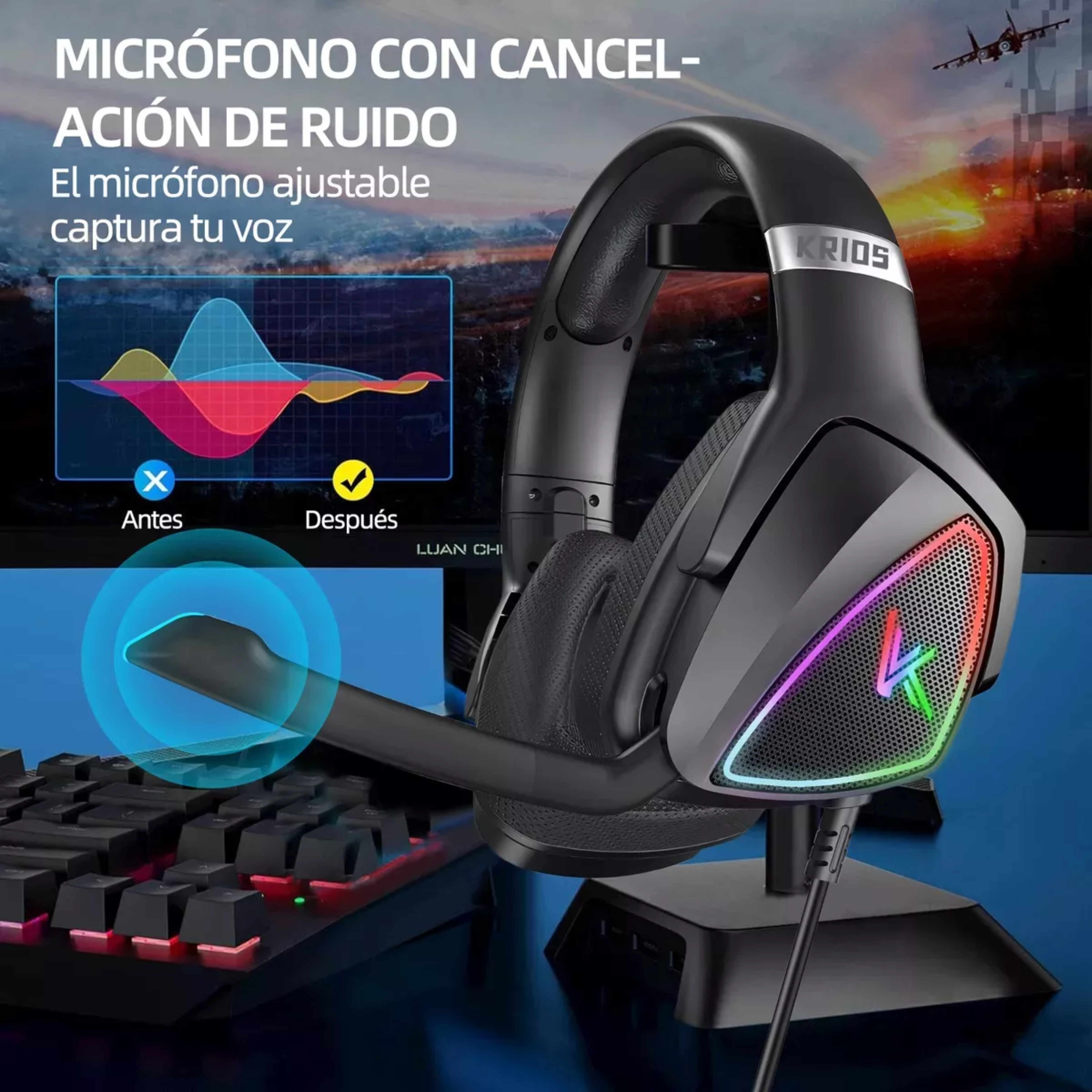 Audífonos Gamer KRIOS K7 Diadema Gaming Headset Gamer Con Microfono Led Rgb Para Xbox Pc Ps4 Color Negro