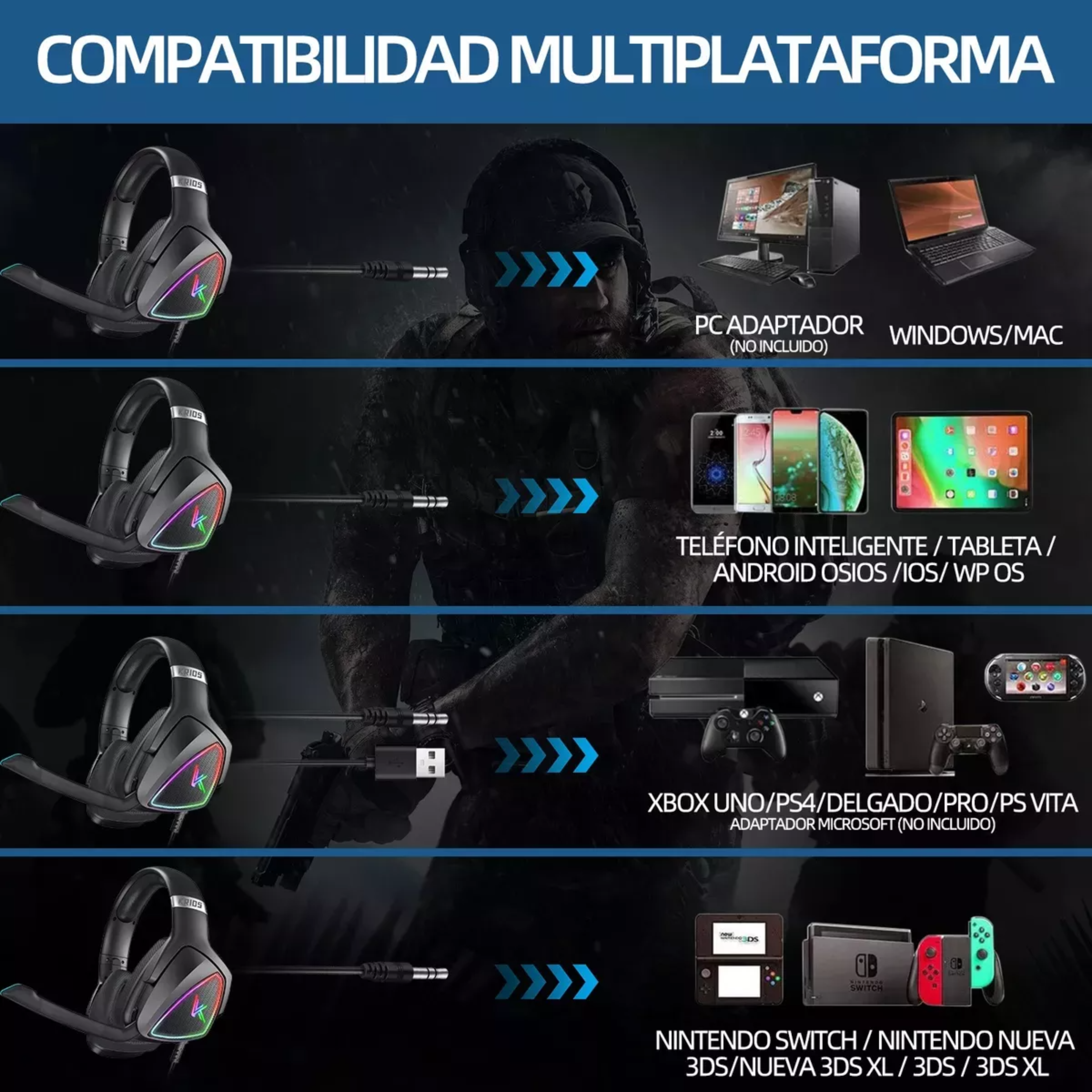 Audífonos Gamer KRIOS K7 Diadema Gaming Headset Gamer Con Microfono Led Rgb Para Xbox Pc Ps4 Color Negro