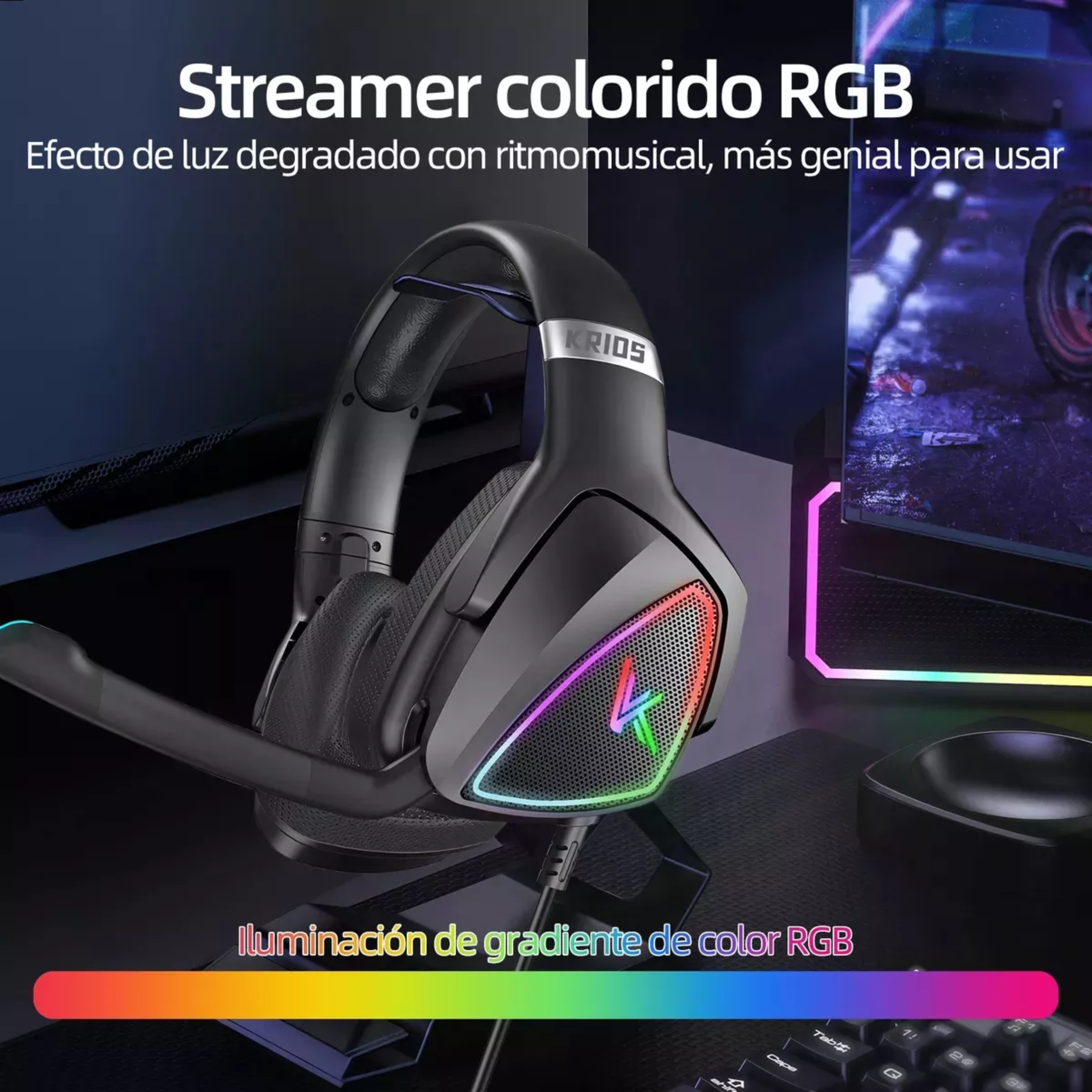 Audífonos Gamer KRIOS K7 Diadema Gaming Headset Gamer Con Microfono Led Rgb Para Xbox Pc Ps4 Color Negro