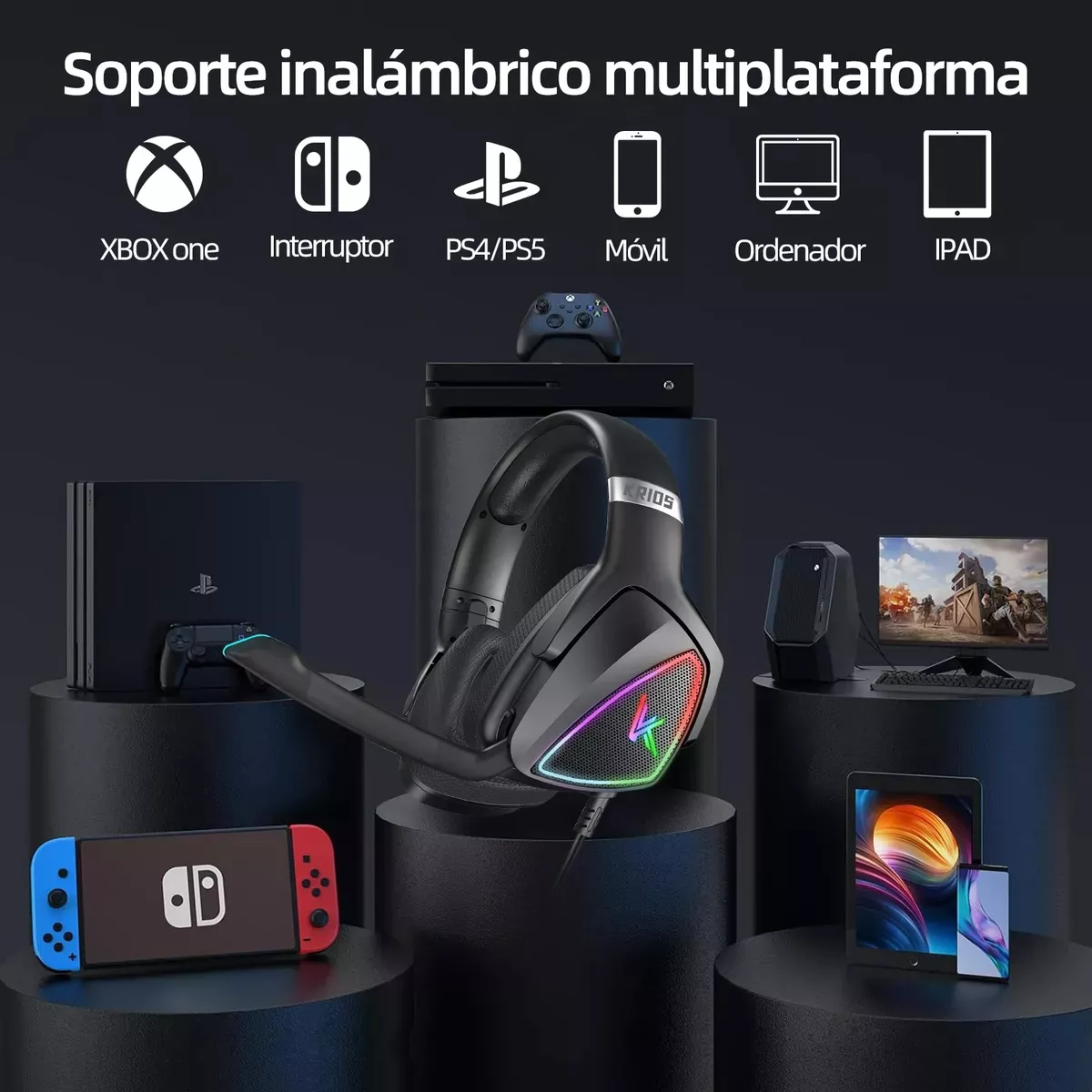Audífonos Gamer KRIOS K7 Diadema Gaming Headset Gamer Con Microfono Led Rgb Para Xbox Pc Ps4 Color Negro