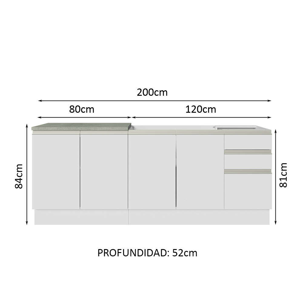 Mueble de Cocina 200cm Con Tarja Glamy Blanco.