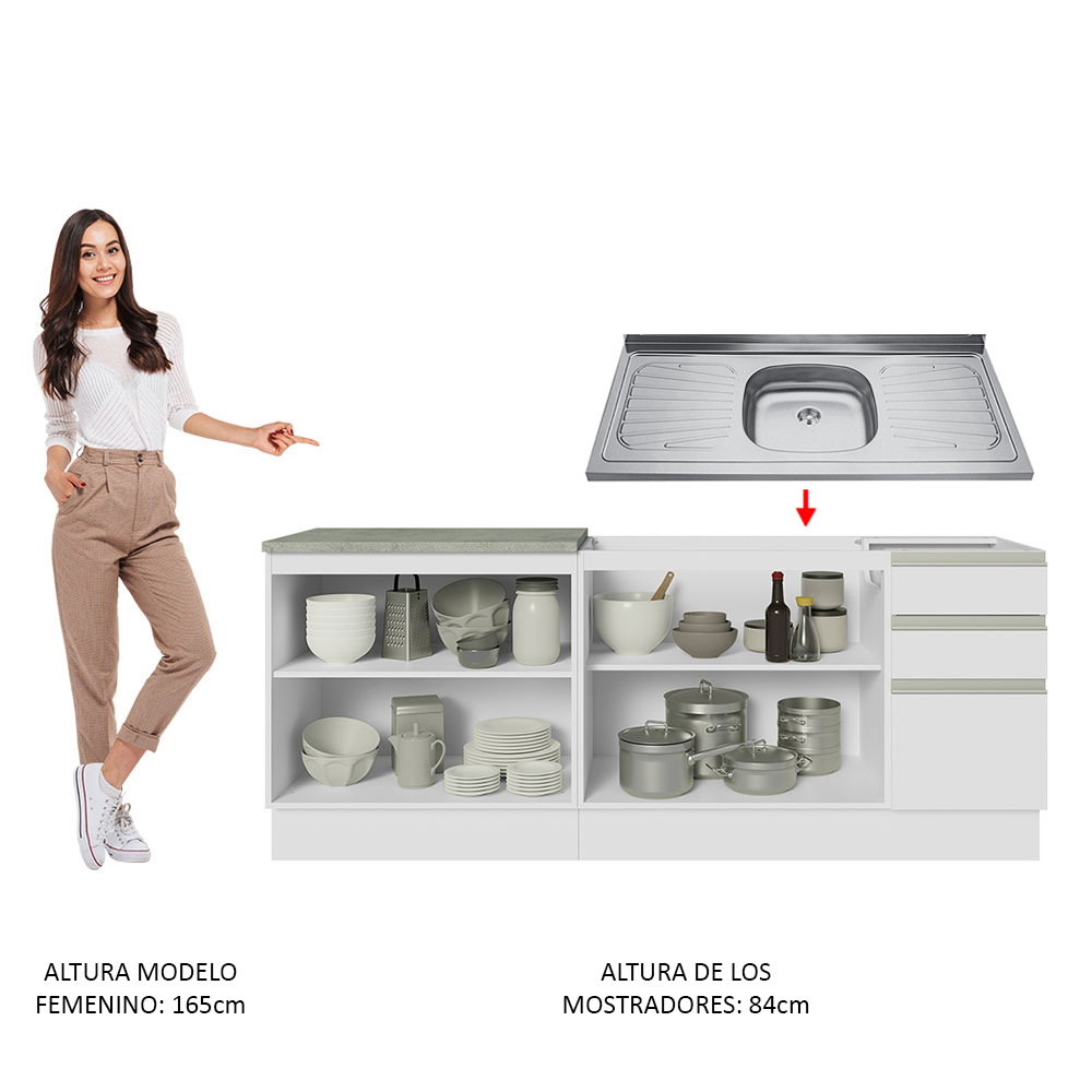 Mueble de Cocina 200cm Con Tarja Glamy Blanco.