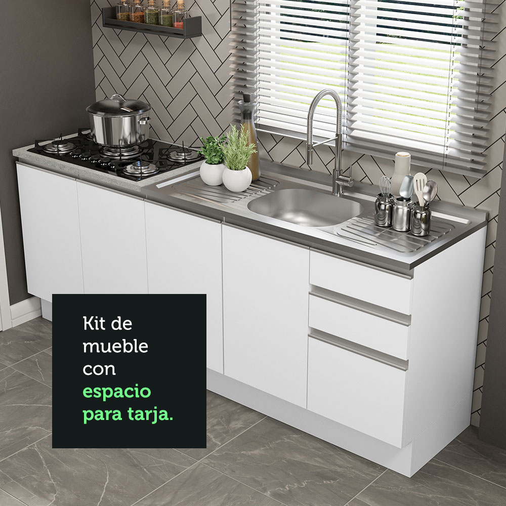Mueble de Cocina 200cm Con Tarja Glamy Blanco.