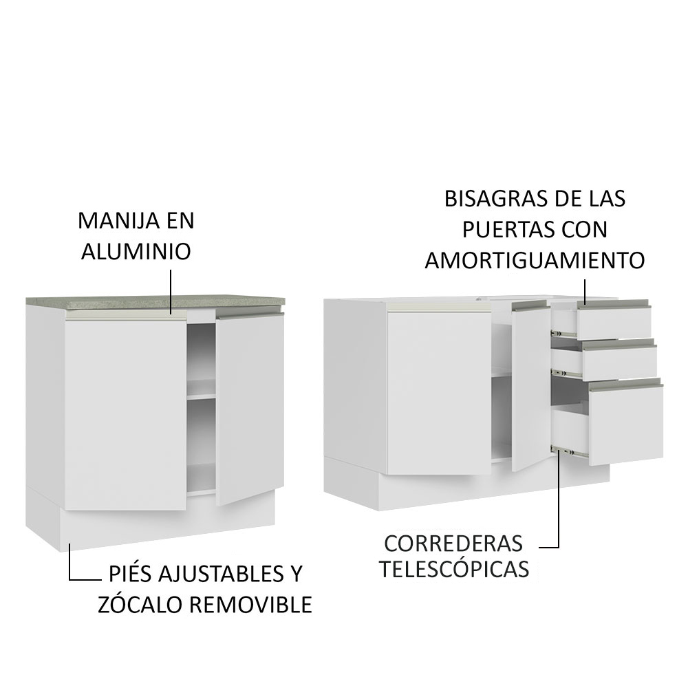 Mueble de Cocina 200cm Con Tarja Glamy Blanco.