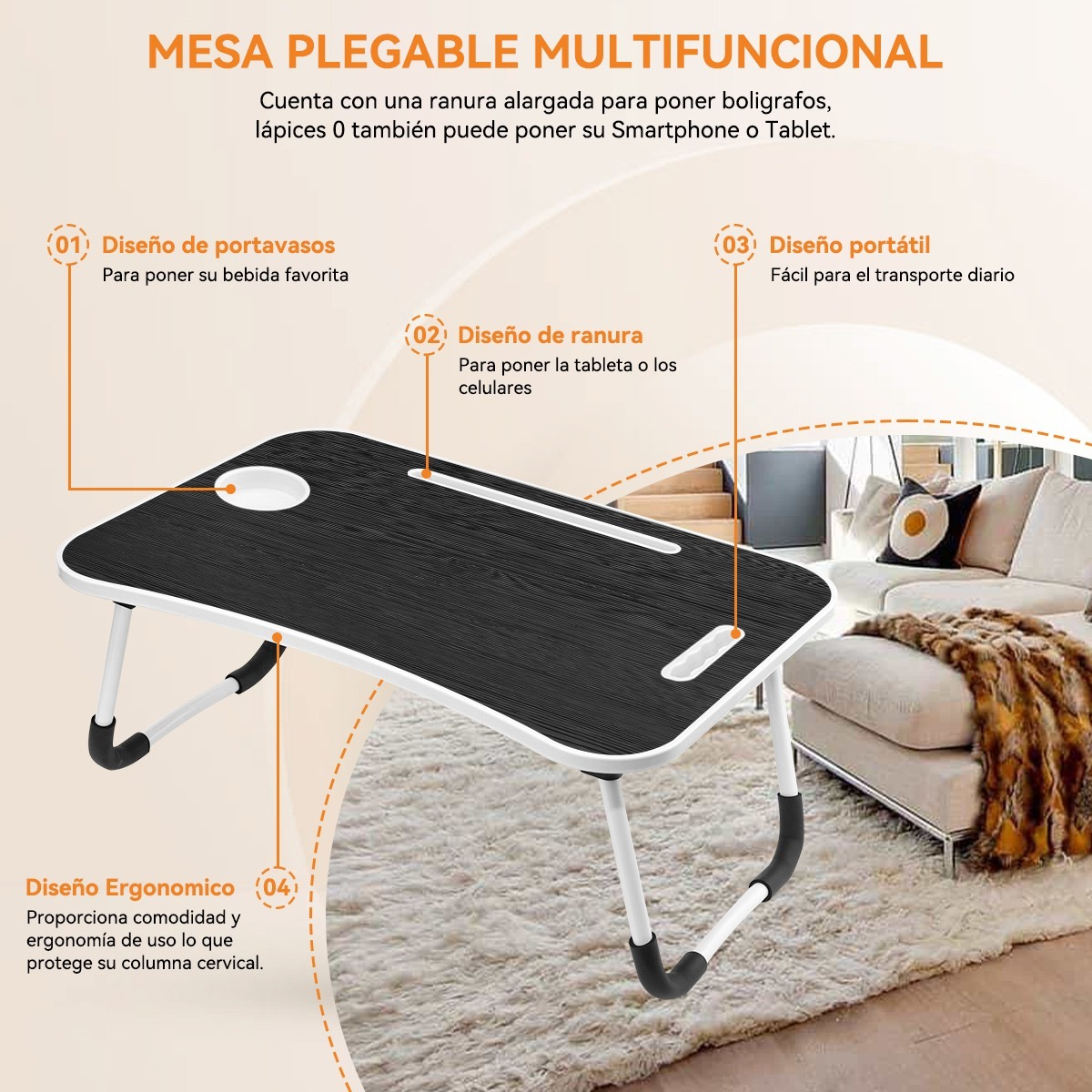 Mesa Para Cama Desayuno Plegable Notebook Laptop Portátil Multiusos NEGRO.