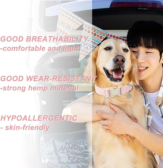 DOGWONG - Collar para perro de cáñamo de algodón, resistente y resistente, de tela natural, suave y duradera, para perros pequeños, medianos y grandes