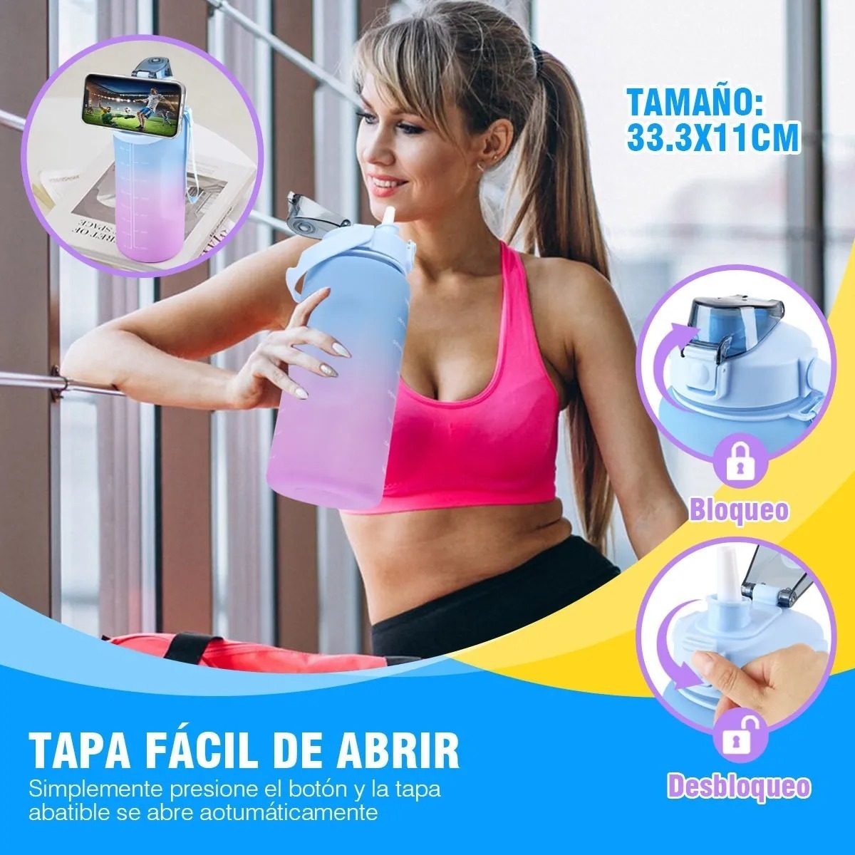 Botella De Agua set 3 botellas  Motivacional Deportiva   2lt, 1lt y 300ml Negra stikers.