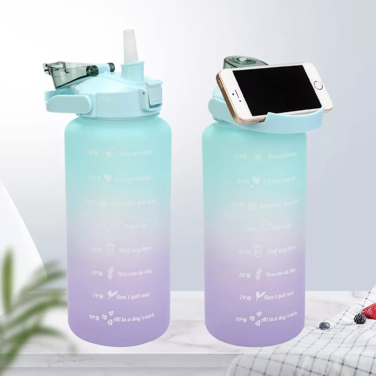 Botella De Agua set 3 botellas  Motivacional brillosa Deportiva   2lt, 1lt y 300ml lila stikers.