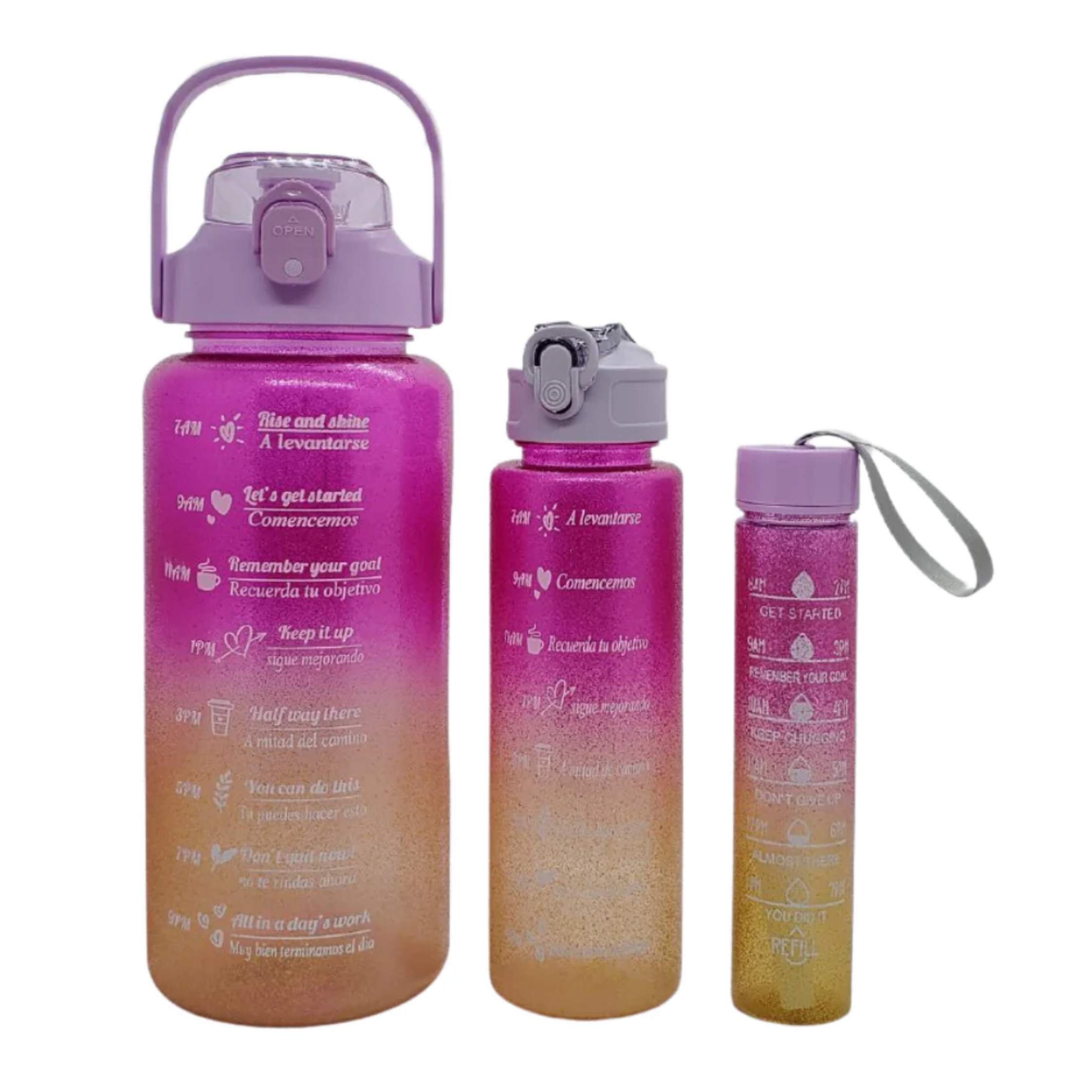 Botella De Agua set 3 botellas  Motivacional brillosa Deportiva   2lt, 1lt y 300ml lila stikers.