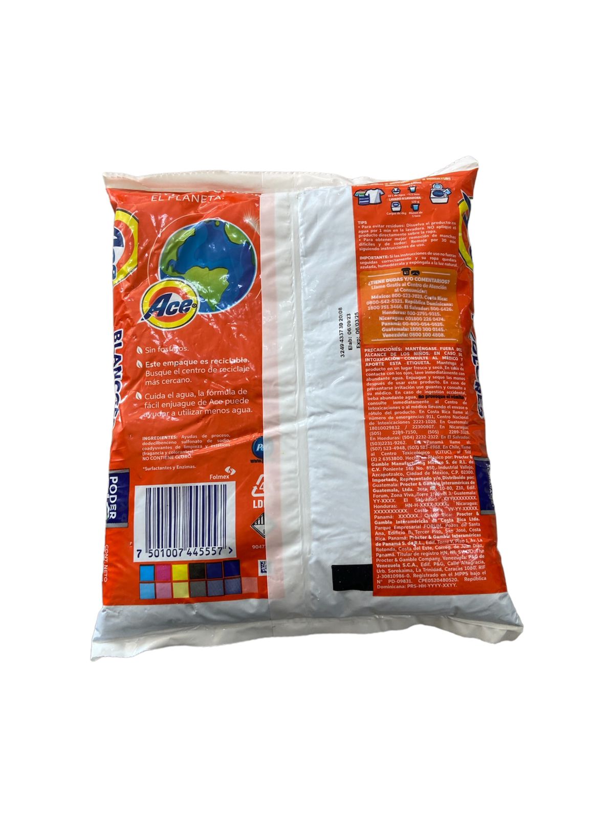 Detergente En Polvo Ace Blancos Y Colores 500gr Caja 12 Pz