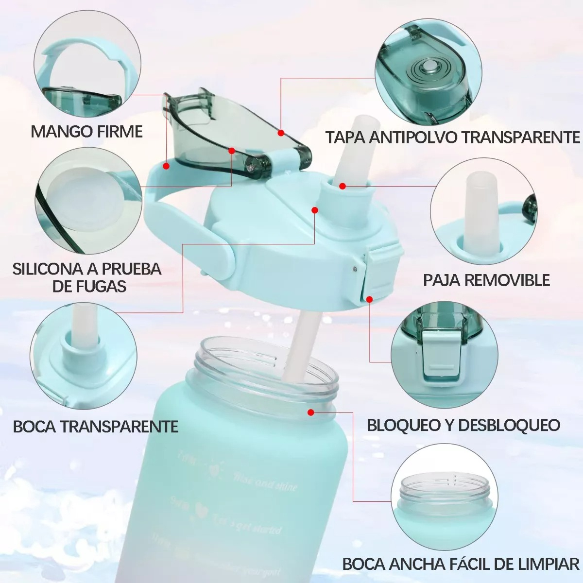 Botella De Agua set 3 botellas  Motivacional brillosa Deportiva   2lt, 1lt y 300ml lila stikers.