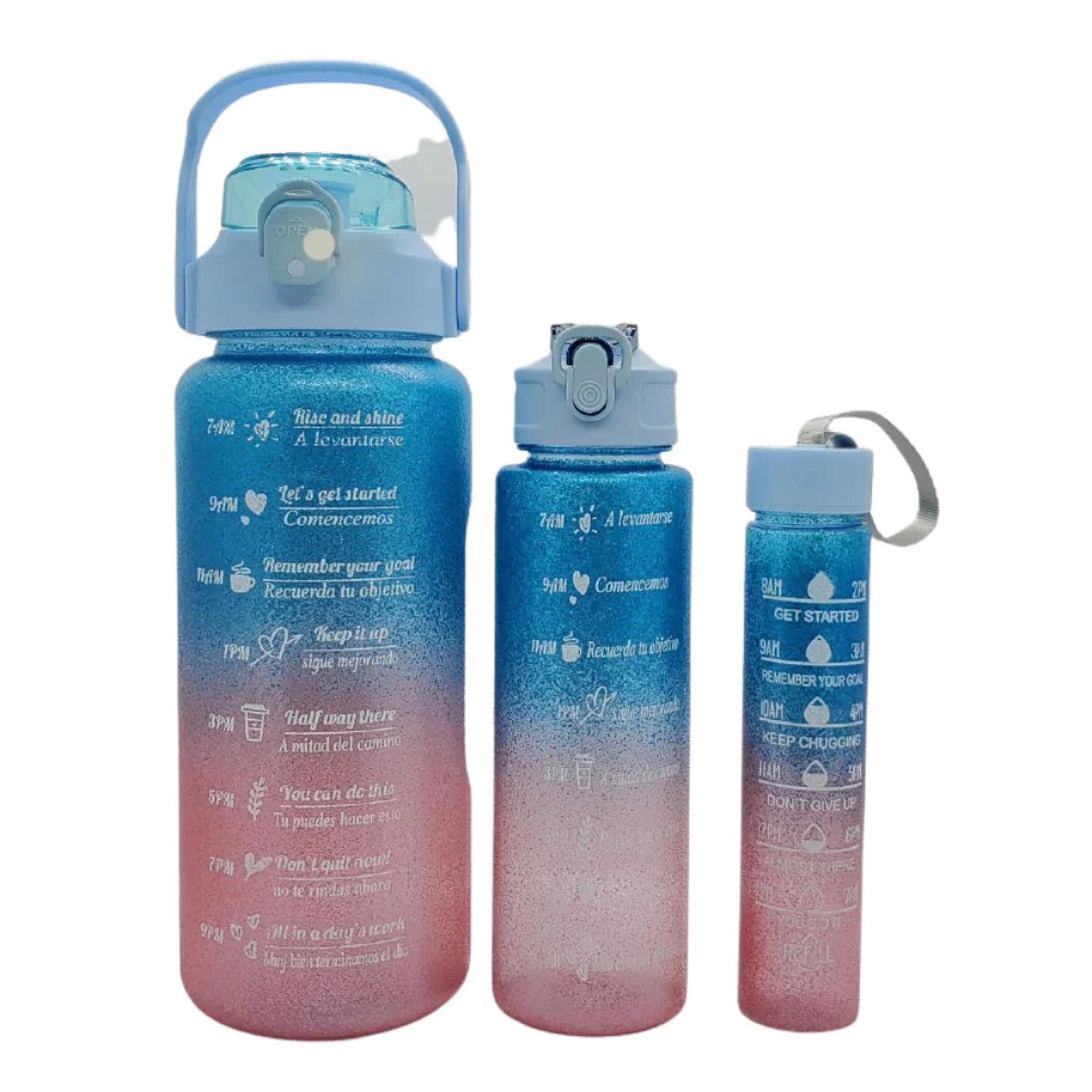 Botella De Agua set 3 botellas Motivacional Deportiva escolar 2lt, 1lt y 300ml Azul stikers.
