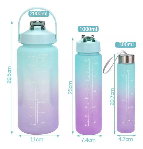 Botella De Agua set 3 botellas  Motivacional brillosa Deportiva   2lt, 1lt y 300ml lila stikers.